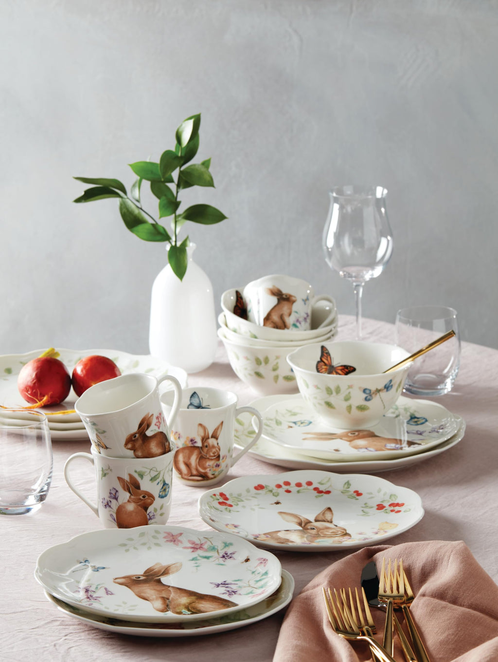Lenox Dinnerware Set, Butterfly Meadow Bunny 16-Piece Set, Service For 4, Dishwasher Safe, Microwave Safe, Made Of Porcelain, Bowls And Mugs, Plates And Bowls, Easter Dish (Assorted, 16 Pieces)