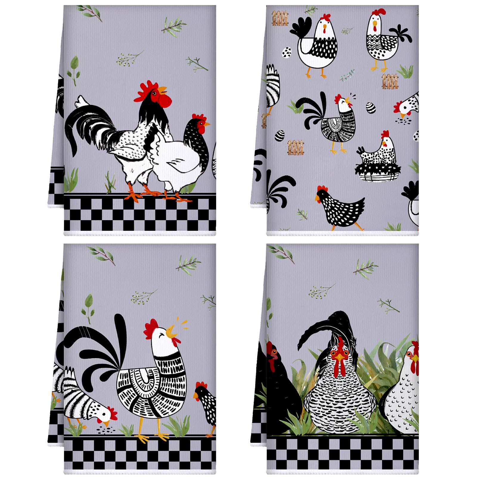Geyoga 4 Pcs Chicken Kitchen Towels Rooster Dish Hand Towels Farm Animal Cow Vintage Rustic Tea Cloth for Spring Easter Bathroom Farmhouse Decor Gifts, 16 x 24 Inch(Classic Color,Rooster)