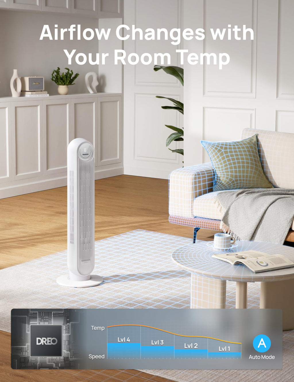 DREO Tower Fan for Bedroom, 2026 Upgraded DC Motor, 28ft/s High Velocity, 20dB Ultra Quiet Standing Fan, 8 Speeds 4 Modes, 90° Oscillating Bladeless Fan for Indoors, Floor Fans with Remote, Black
