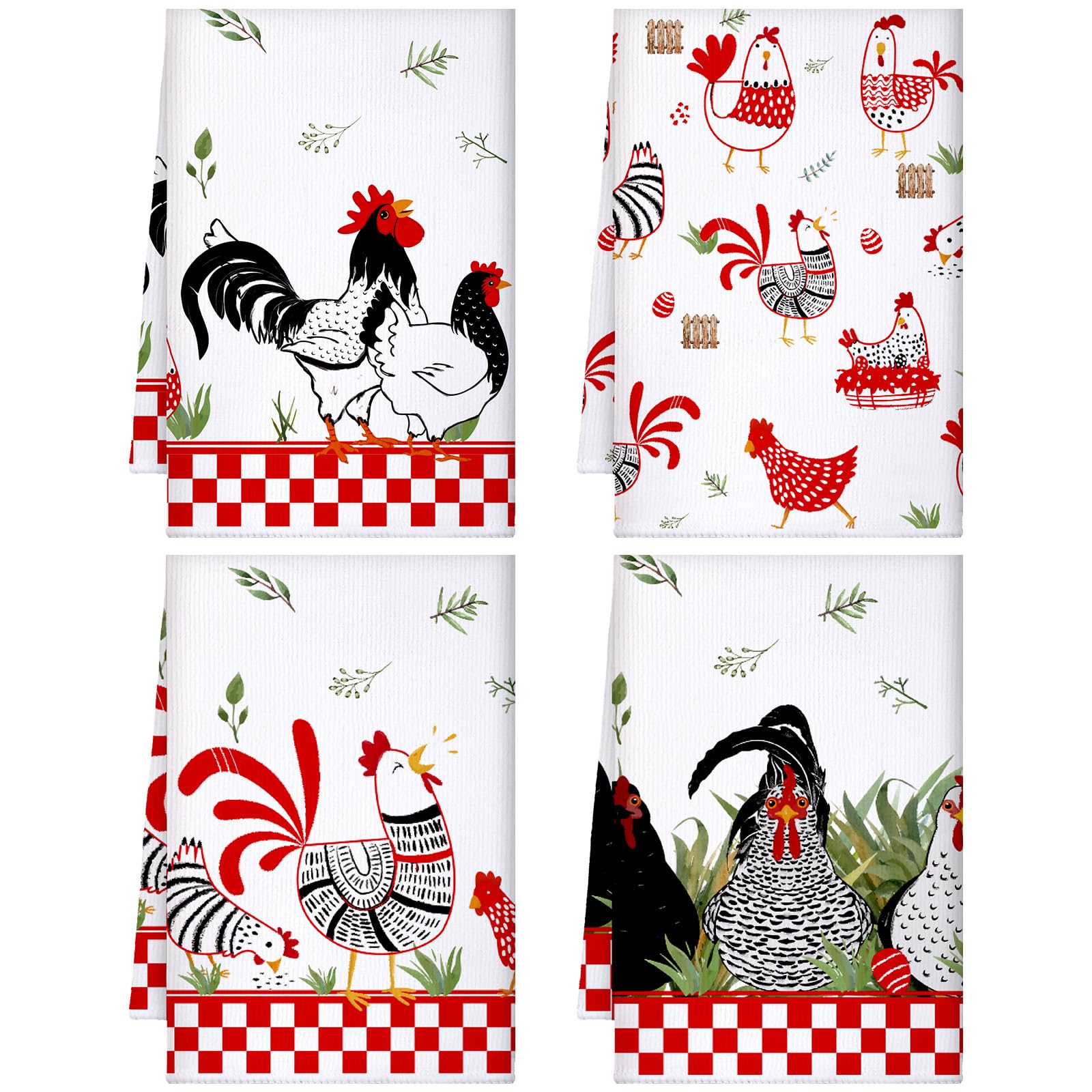 Geyoga 4 Pcs Chicken Kitchen Towels Rooster Dish Hand Towels Farm Animal Cow Vintage Rustic Tea Cloth for Spring Easter Bathroom Farmhouse Decor Gifts, 16 x 24 Inch(Classic Color,Rooster)