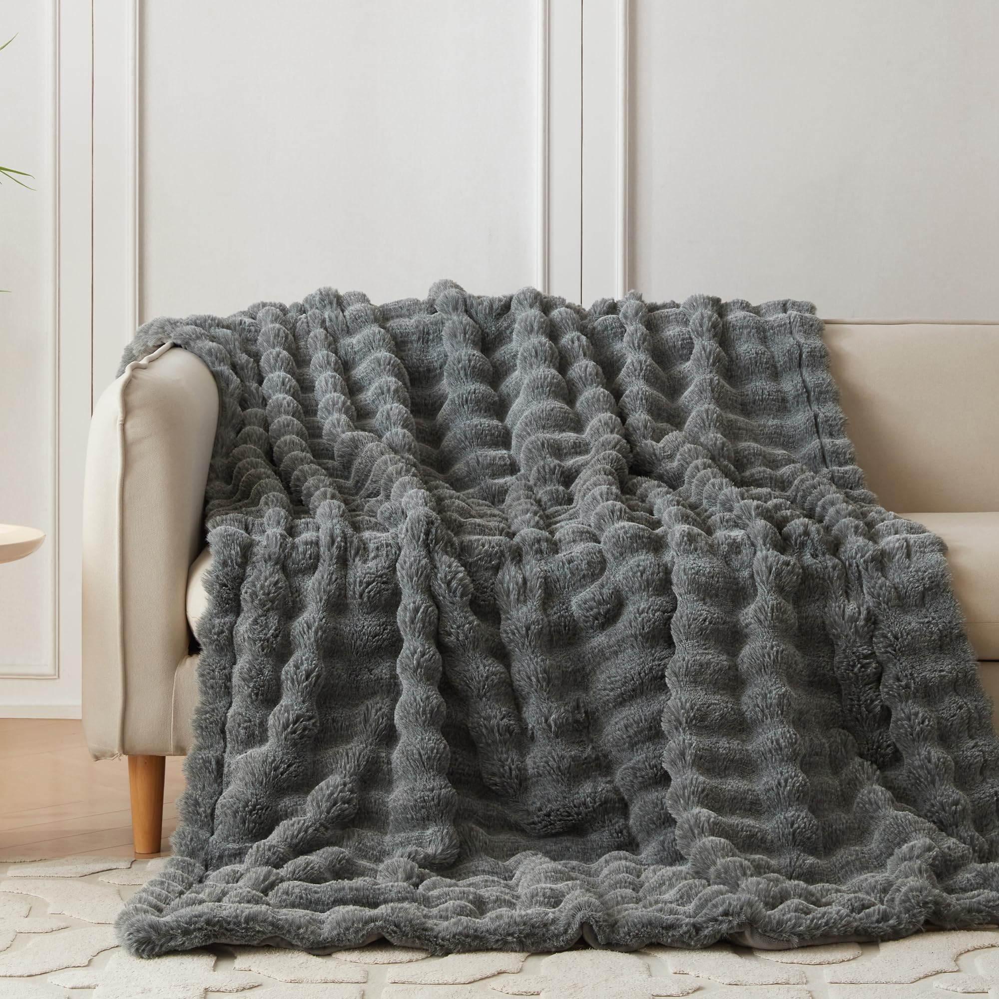 COOVA Faux Fur Throw Blanket for Couch, Cozy Soft and Fuzzy Plush Rabbit Fur Bubble Blanket for Sofa Bedroom Living Room, 50x60 Inches Tie Dye Brown