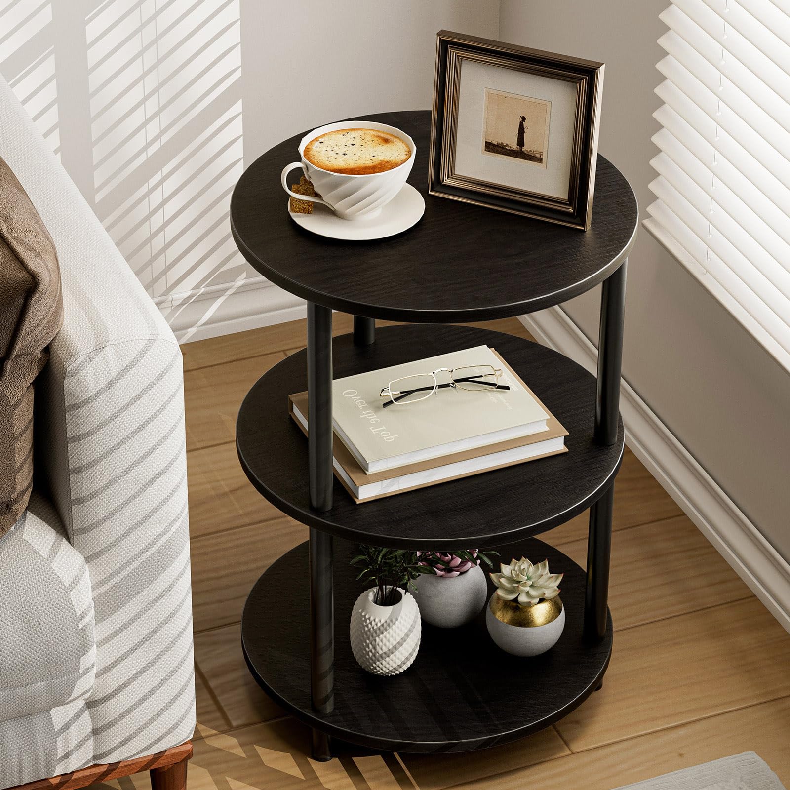 Small Round Coffee Table - 3 Tier Design Accent Table, Narrow Side or Bedside Stand, Industrial Vintage Nightstand for Bedroom, Living Room, or Small Spaces, Rustic Brown