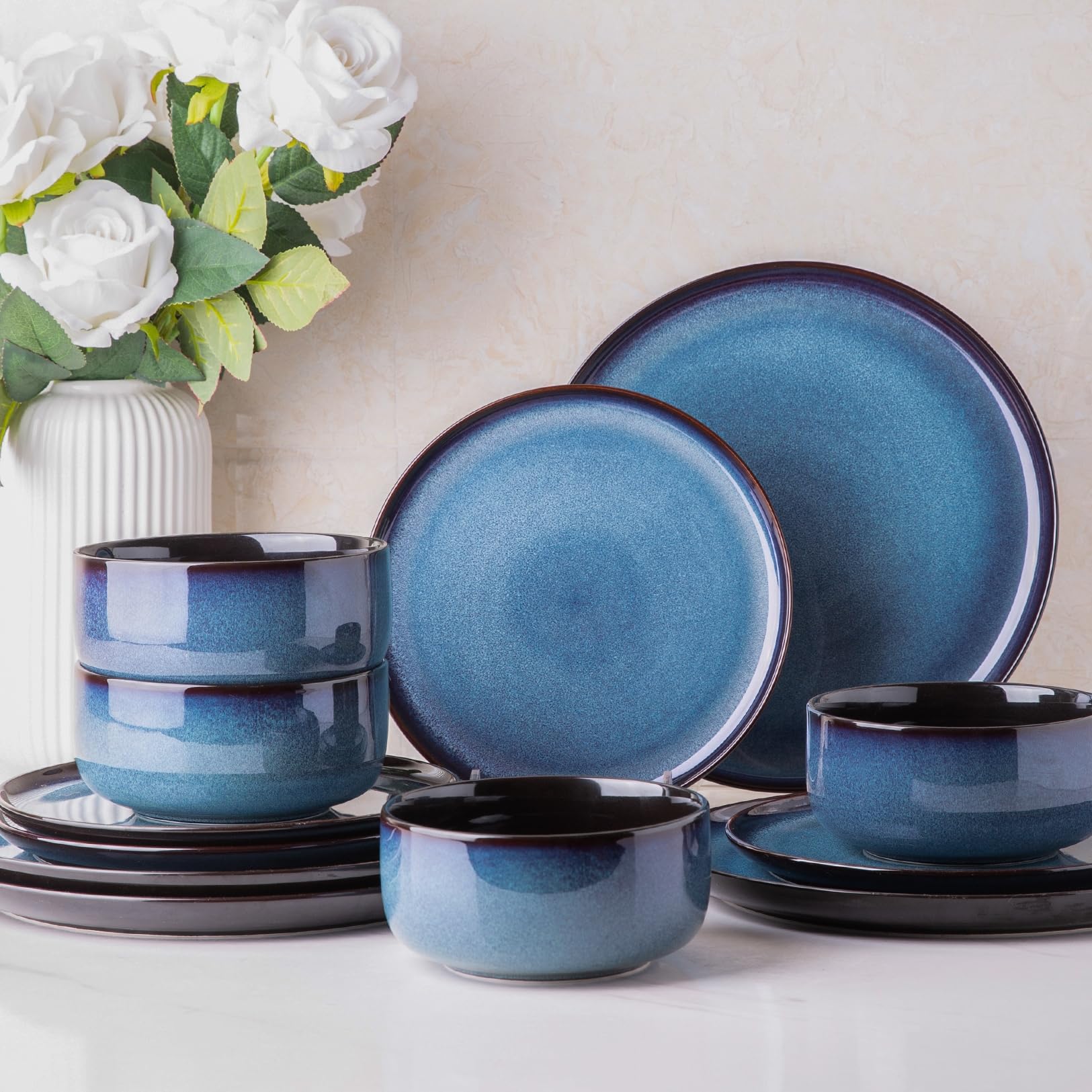 LERATIO Ceramic Dinnerware Sets for 8,Plates and Bowls Sets,Reactive Glaze Dishes Set,Highly Chip and Crack Resistant | Dishwasher & Microwave & Oven Safe Dishes set,Service for 8-Kahki (24pc)