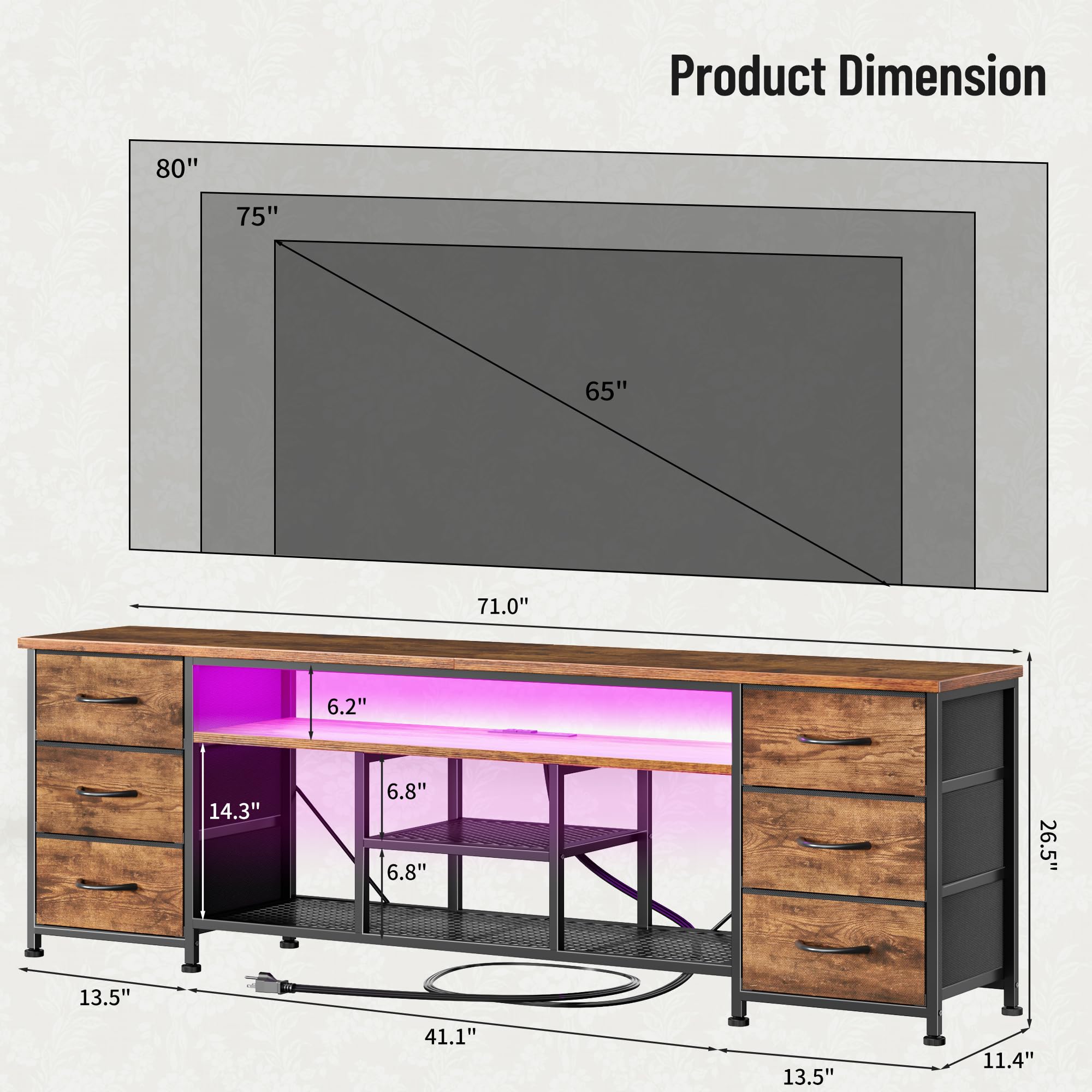 Furologee LED TV Stand for 65, 70 Inch TV, 63 Inch Entertainment Center with Power Outlets, 6 Fabric Drawers Dresser for Bedroom, Media Console with Open Shelves, Rustic Brown