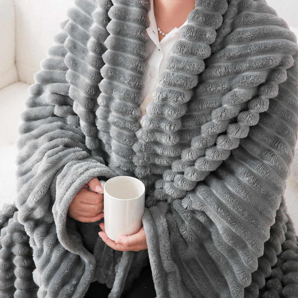 Sage Green Fleece Throw Blanket 50”×60” for Couch Sofa Bed,Super Soft Cozy Plush Microfiber Flannel Blanket with Stripes Design Lightweight for Adults,Woman,Girls