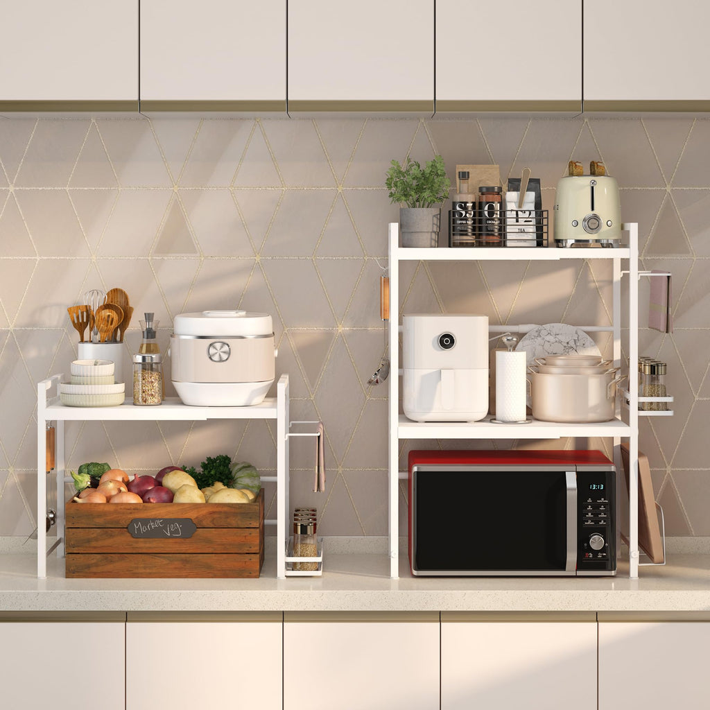DOLALIKE Microwave Oven Rack, Expandable Microwave Stand Countertop Kitchen Utensils Tableware Storage, Carbon Steel Over Microwave Shelf Countertop with 3 Hooks
