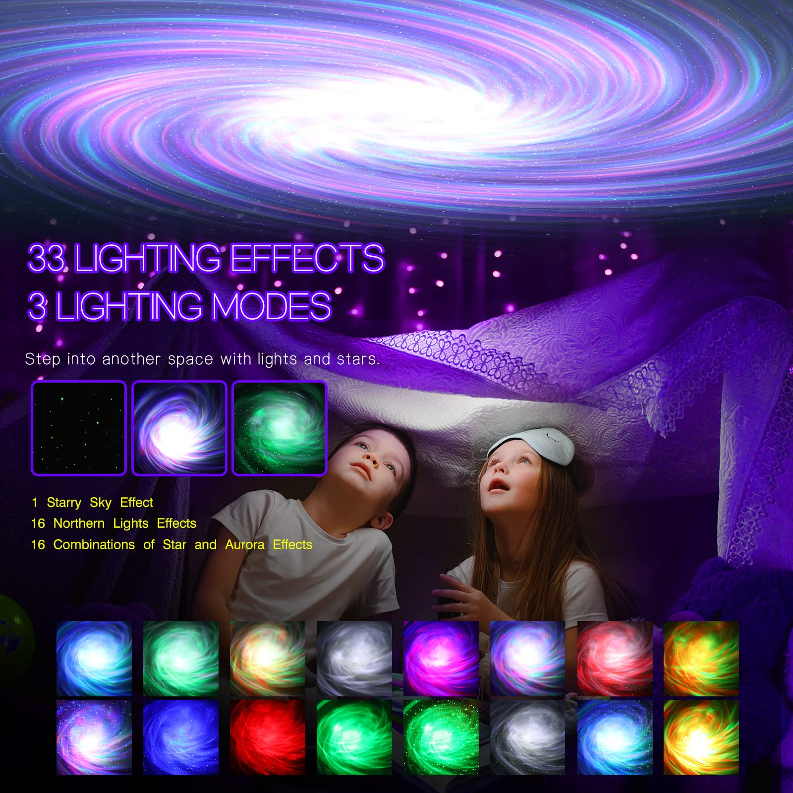 Northern Galaxy Aurora Projector – 33 Dynamic Light Effects, LED Star & Nebula Night Light with Remote Control, White Noise Sounds, and Bluetooth Speaker for Bedroom & Parties