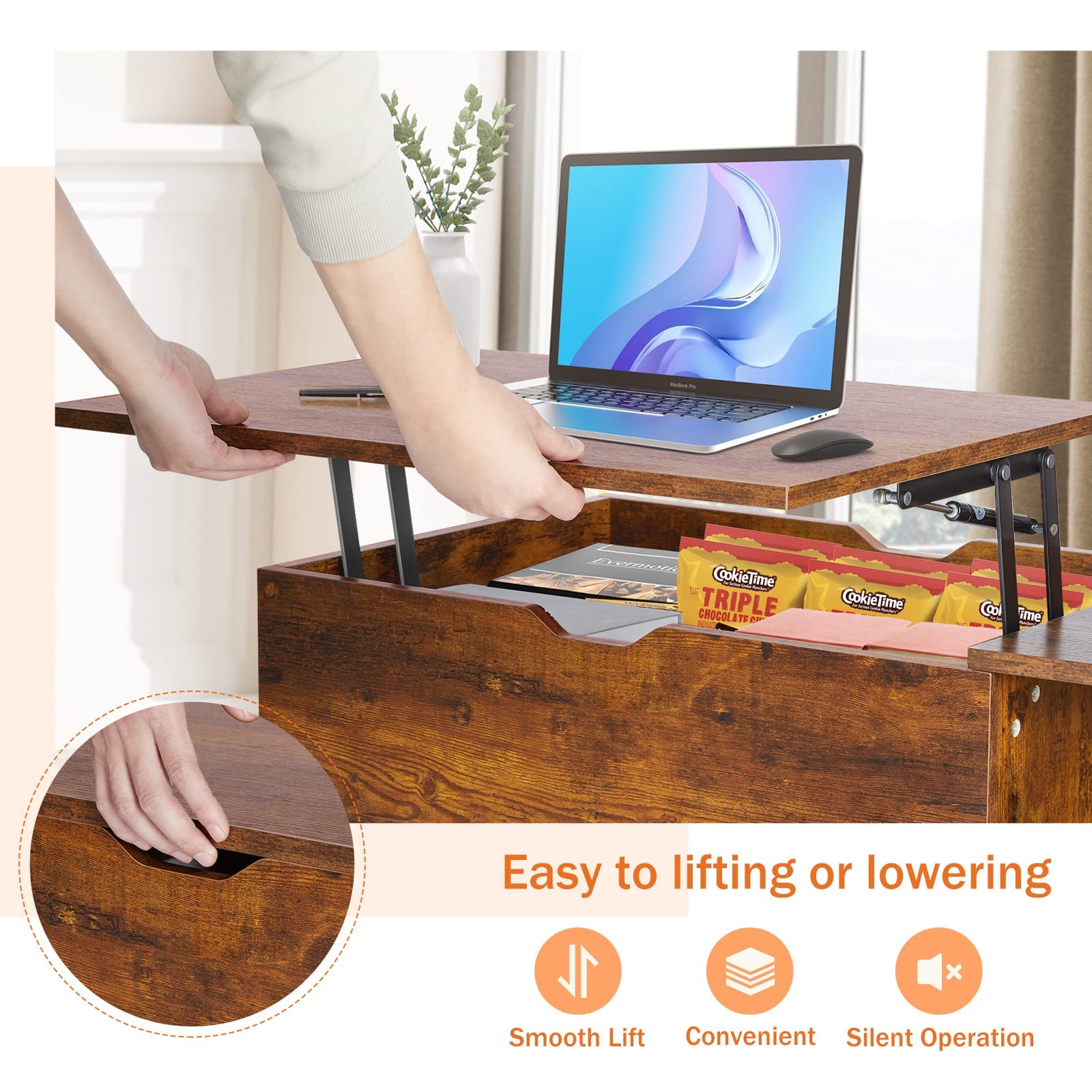 Sweetcrispy Lift Top Coffee Tables for Living Room, Small Rising Wooden Center Tables with Storage Shelf and Center Tables, with Storage Shelf.
