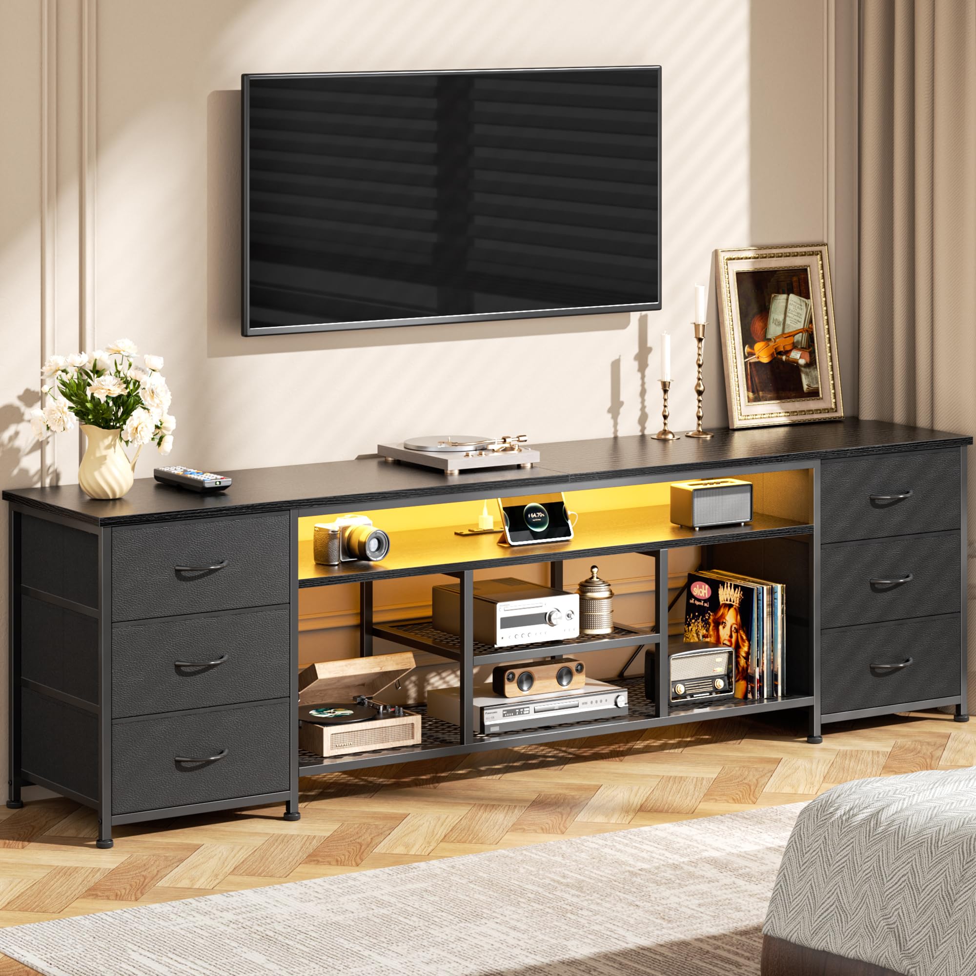 Furologee LED TV Stand for 65, 70 Inch TV, 63 Inch Entertainment Center with Power Outlets, 6 Fabric Drawers Dresser for Bedroom, Media Console with Open Shelves, Rustic Brown