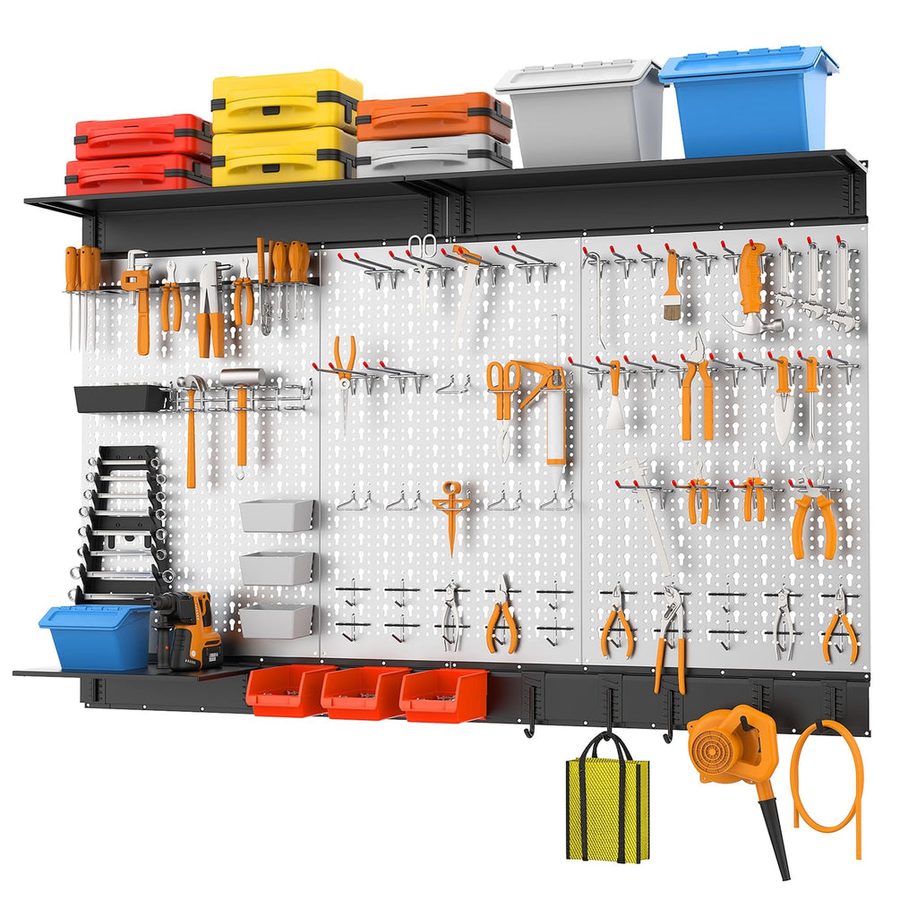 WALMANN 113 PCS Pegboard Wall Organizer Kit with Pegboard Hooks, Bins, Shelves, Pegboard Tools Storage System for Garage, Workbench, Modular Peg Board Tool Organizer Board with Hooks(Black)