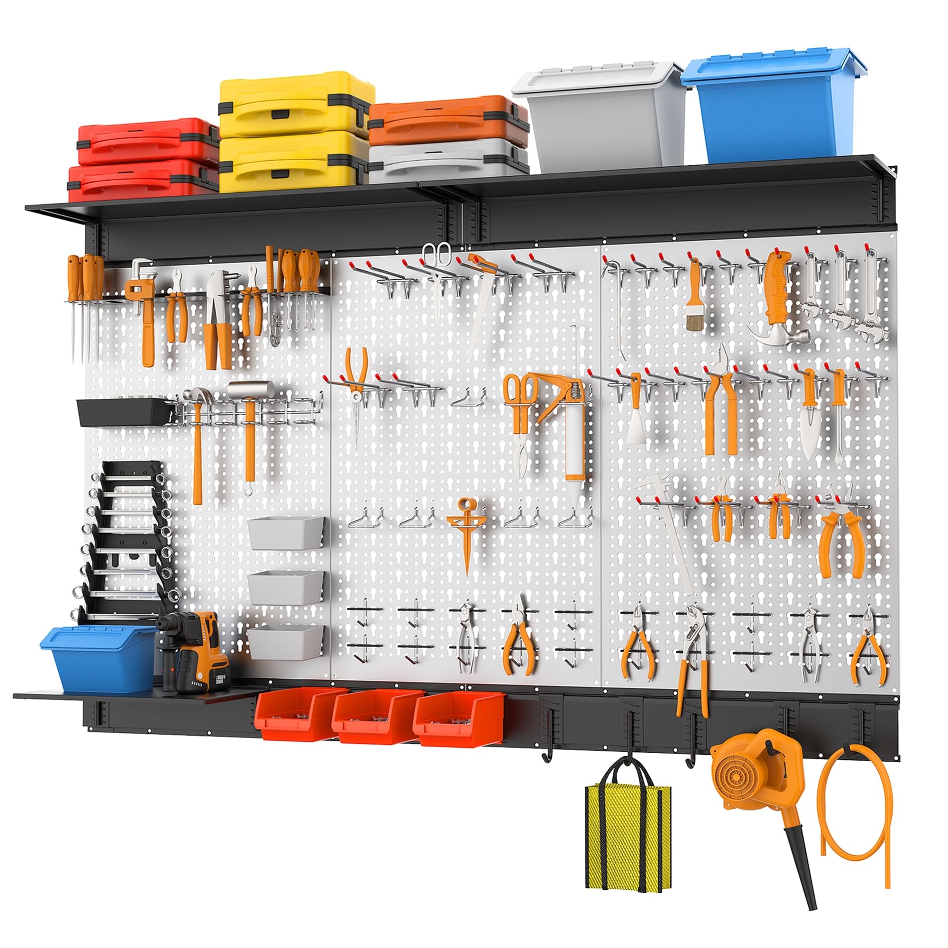 WALMANN 113 PCS Pegboard Wall Organizer Kit with Pegboard Hooks, Bins, Shelves, Pegboard Tools Storage System for Garage, Workbench, Modular Peg Board Tool Organizer Board with Hooks(Black)