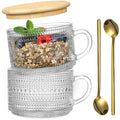 4pcs Set Vintage Coffee Mugs gifts for women, Overnight Oats Containers with Bamboo Lids and Spoons - 14oz Clear Embossed Glass Cups, Cute Coffee Bar Accessories, Iced Coffee Glasses