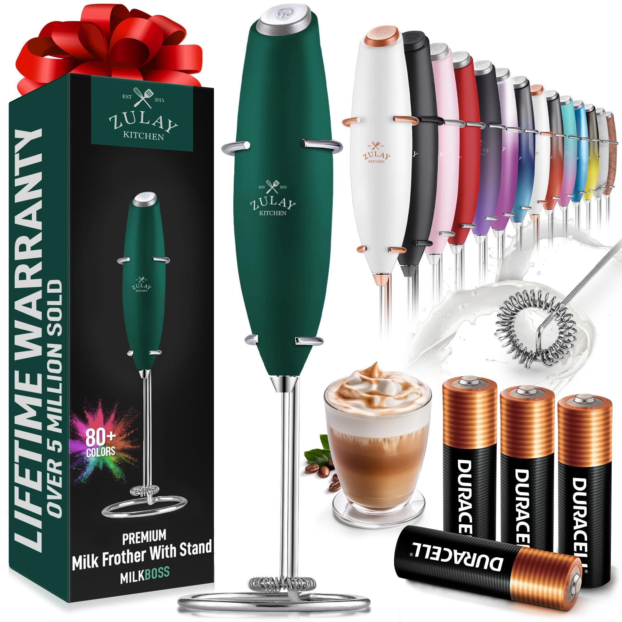 Zulay Kitchen Powerful Milk Frother Wand With 2 Duracell Batteries - Ultra Fast Handheld Drink Mixer - Electric Whisk Foam Maker for Coffee, Lattes, Cappuccino, Matcha, Hot Chocolate & Creamer - Black