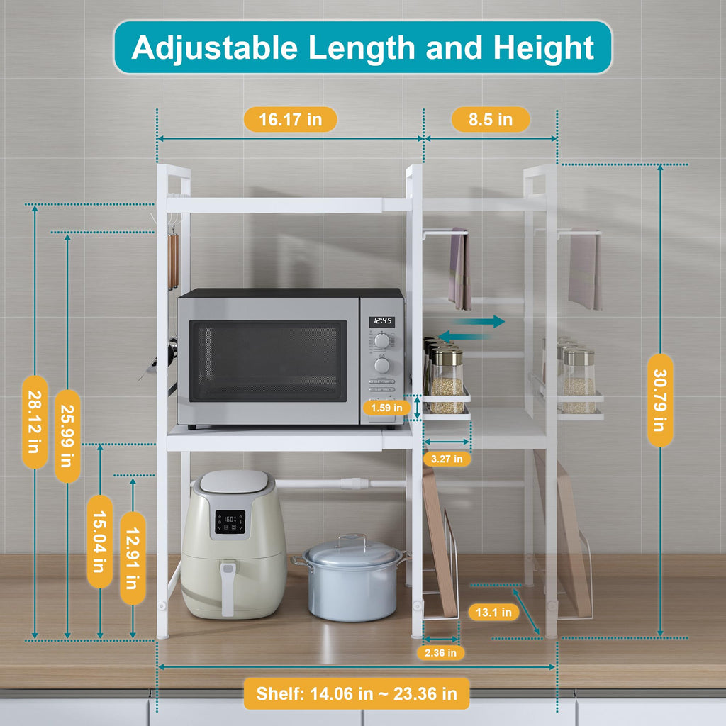 DOLALIKE Microwave Oven Rack, Expandable Microwave Stand Countertop Kitchen Utensils Tableware Storage, Carbon Steel Over Microwave Shelf Countertop with 3 Hooks