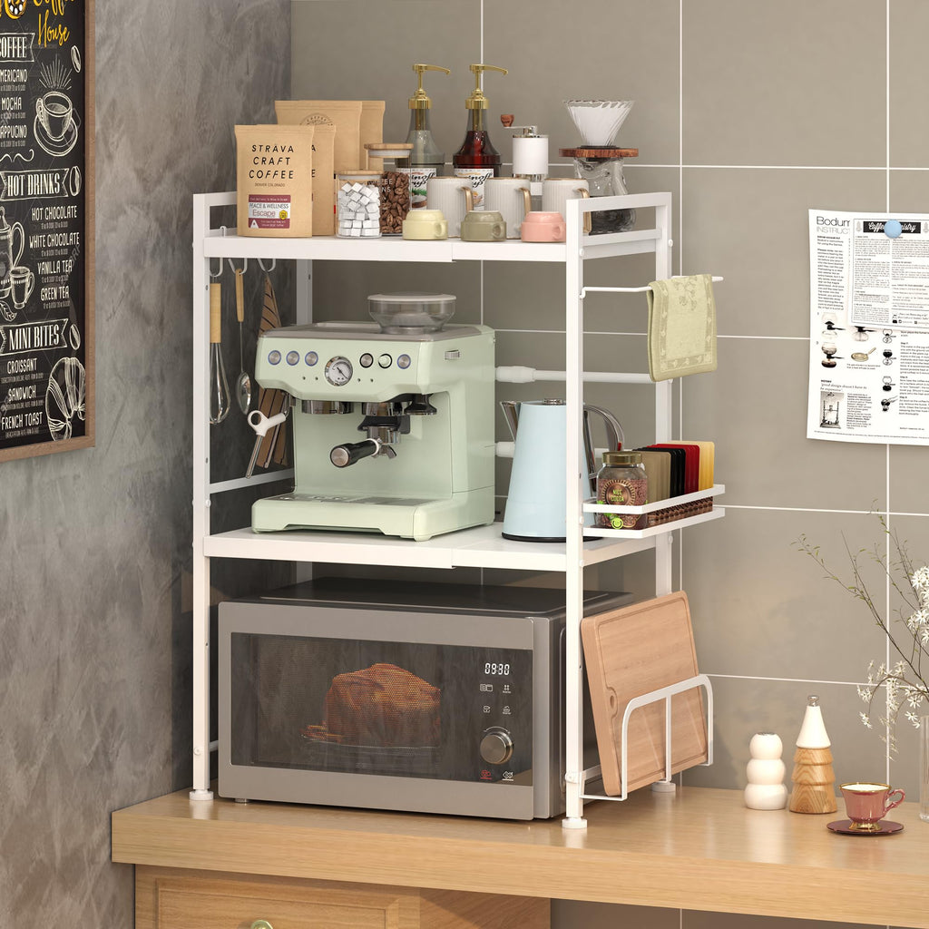 DOLALIKE Microwave Oven Rack, Expandable Microwave Stand Countertop Kitchen Utensils Tableware Storage, Carbon Steel Over Microwave Shelf Countertop with 3 Hooks