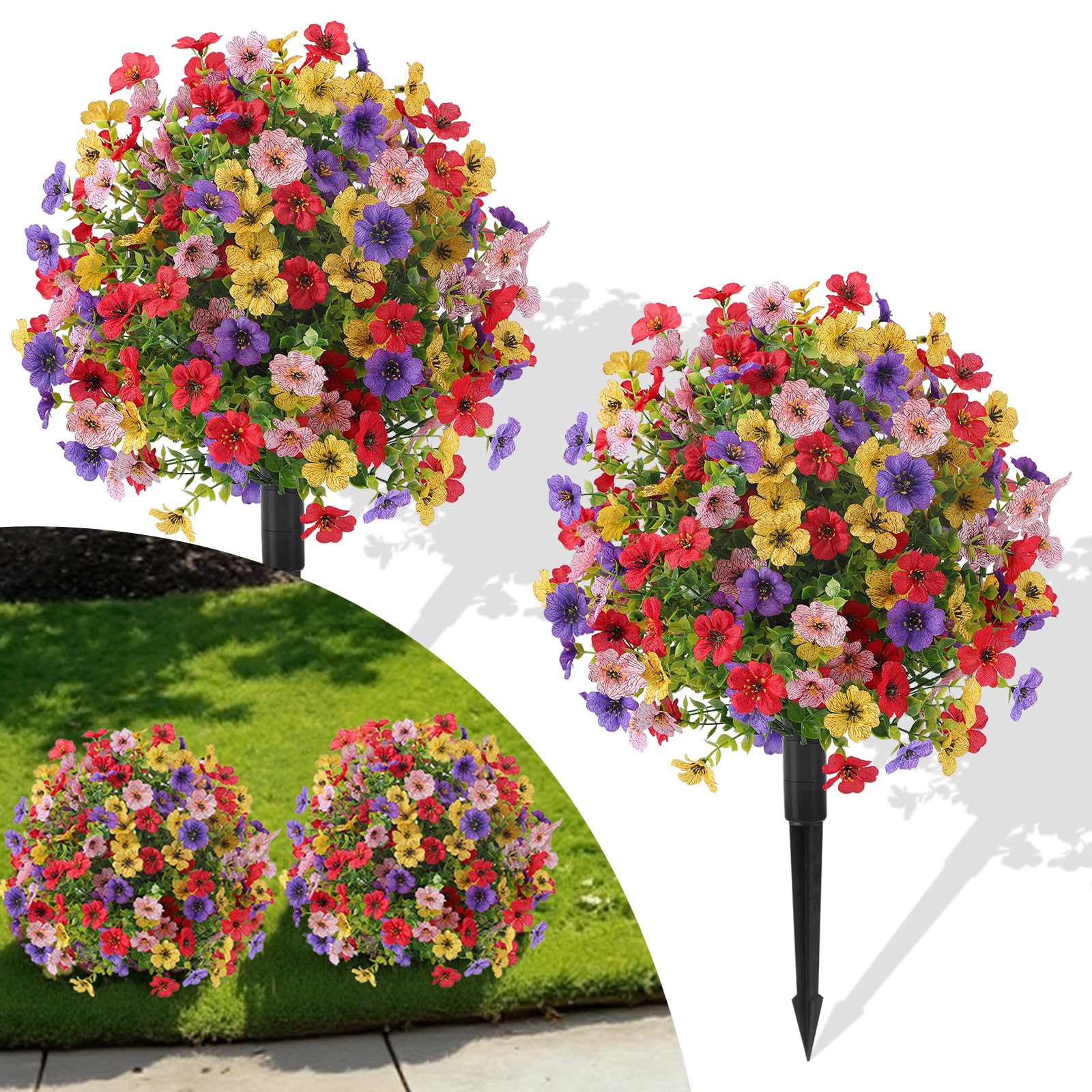 Alupssuc 2Pcs 20" Artificial Topiary Ball Flowers For Outdoors Planters, Spring Decoration with Spike, UV Resistant Faux Summer Plants, Fake Bushes Indoor Decor, Mix 4 Colors for Garden, Porch & Patio