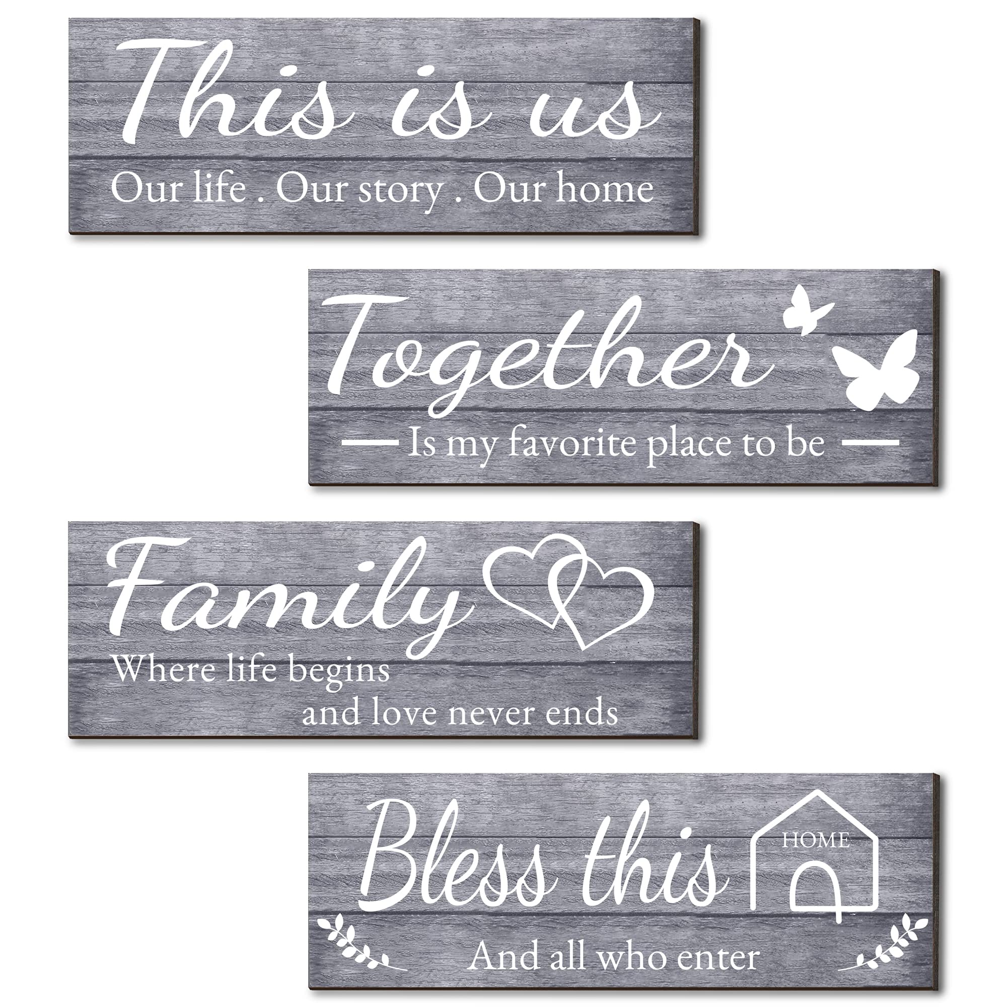 4 Pieces Home Wall Signs, THIS IS US/TOGETHER/BLESS THIS HOME/FAMILY Wall Decor For Living Room Bedroom, Rustic Wooden Farmhouse Wall Art , 4.7 x 13.8 Inch(Brown)