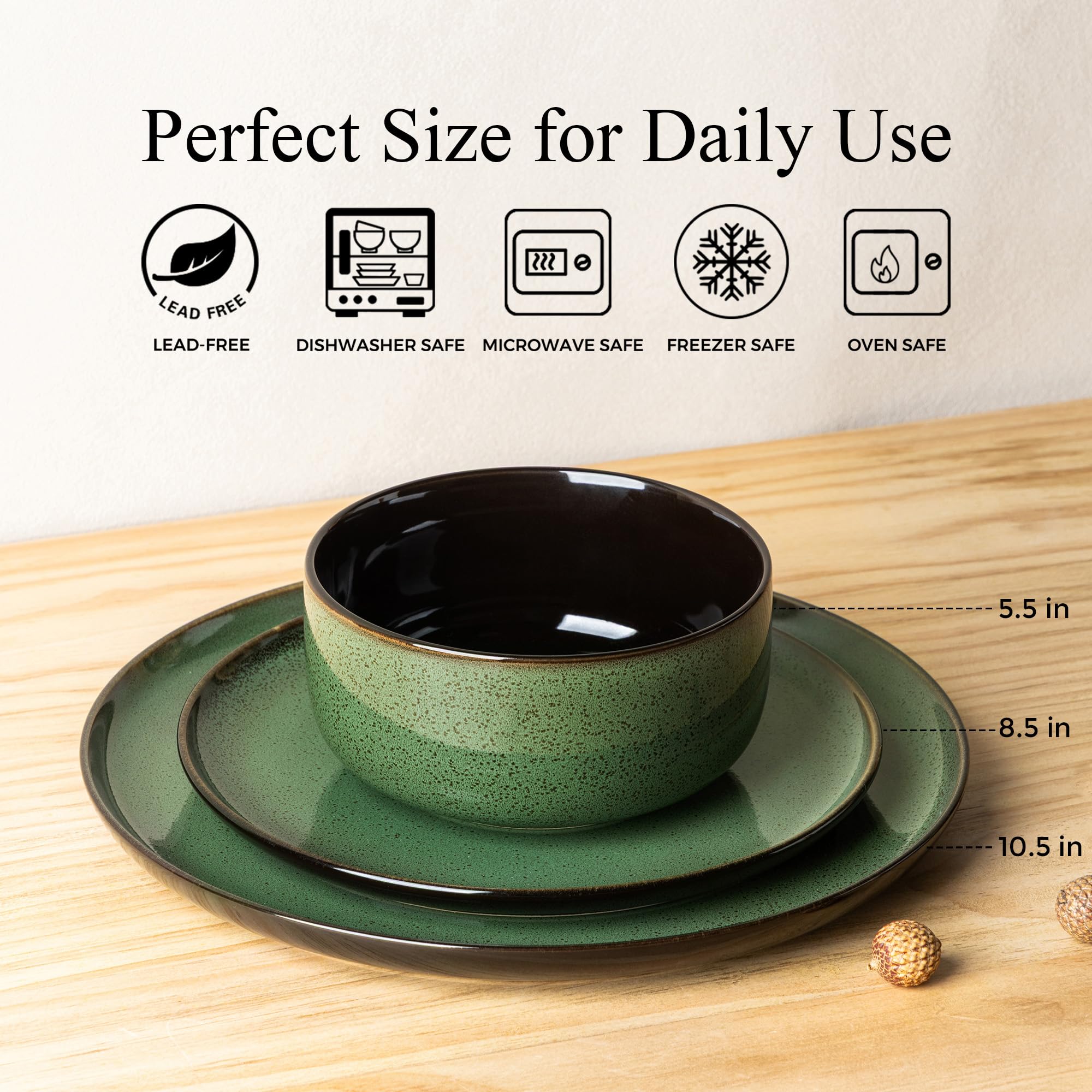 LERATIO Ceramic Dinnerware Sets for 8,Plates and Bowls Sets,Reactive Glaze Dishes Set,Highly Chip and Crack Resistant | Dishwasher & Microwave & Oven Safe Dishes set,Service for 8-Kahki (24pc)
