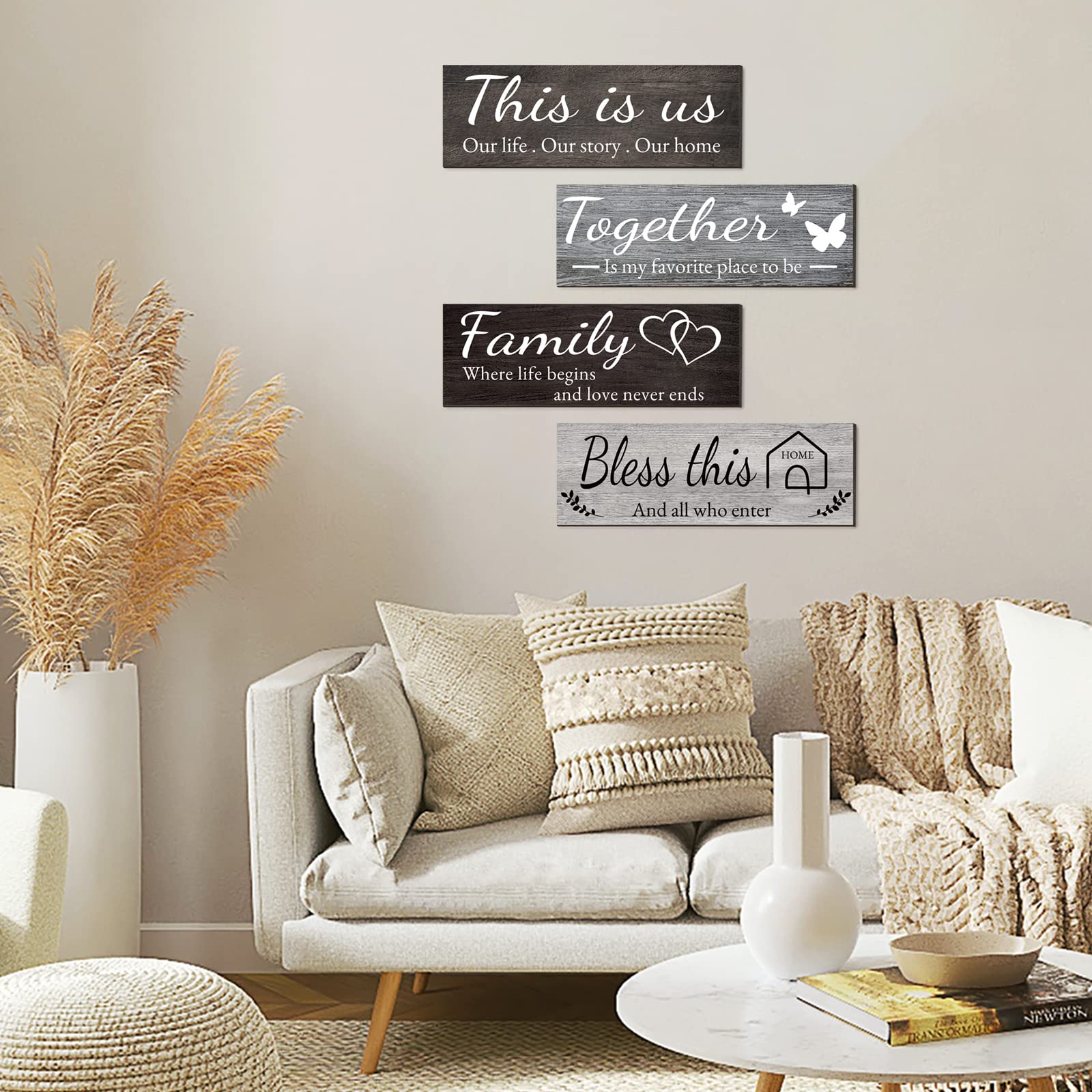4 Pieces Home Wall Signs, THIS IS US/TOGETHER/BLESS THIS HOME/FAMILY Wall Decor For Living Room Bedroom, Rustic Wooden Farmhouse Wall Art , 4.7 x 13.8 Inch(Brown)