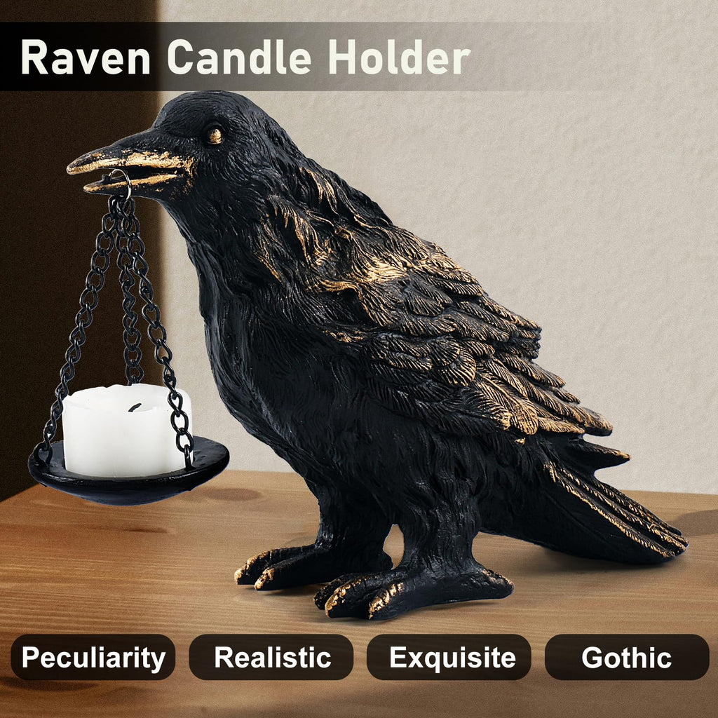 Gothic Crow Lamp with Tealight Candle Holder Resin Raven Decor Statue Gothic Home Decor for Bedroom Unique Goth Gifts Black