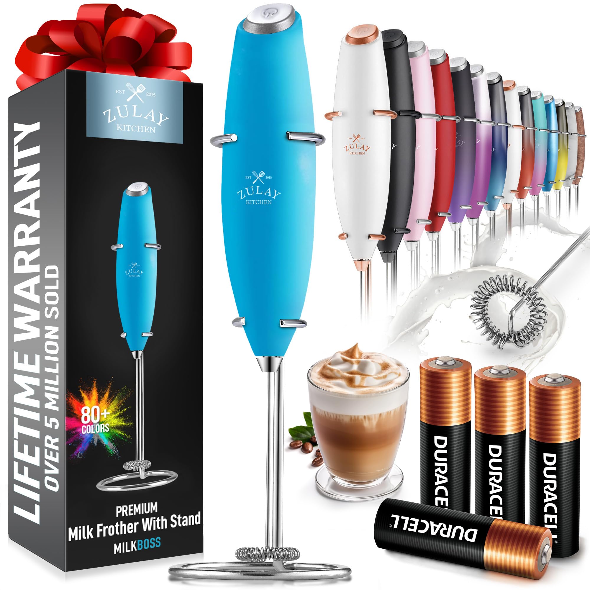 Zulay Kitchen Powerful Milk Frother Wand With 2 Duracell Batteries - Ultra Fast Handheld Drink Mixer - Electric Whisk Foam Maker for Coffee, Lattes, Cappuccino, Matcha, Hot Chocolate & Creamer - Black