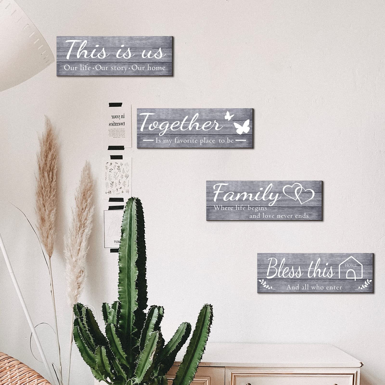 4 Pieces Home Wall Signs, THIS IS US/TOGETHER/BLESS THIS HOME/FAMILY Wall Decor For Living Room Bedroom, Rustic Wooden Farmhouse Wall Art , 4.7 x 13.8 Inch(Brown)