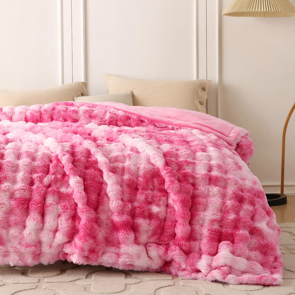 COOVA Faux Fur Throw Blanket for Couch, Cozy Soft and Fuzzy Plush Rabbit Fur Bubble Blanket for Sofa Bedroom Living Room, 50x60 Inches Tie Dye Brown
