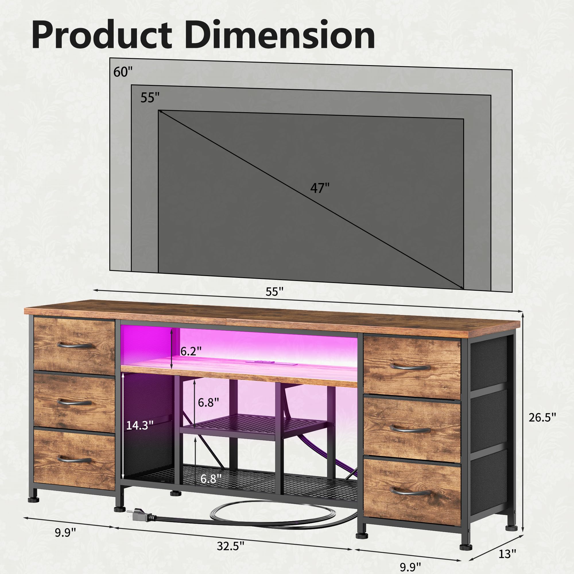 Furologee LED TV Stand for 65, 70 Inch TV, 63 Inch Entertainment Center with Power Outlets, 6 Fabric Drawers Dresser for Bedroom, Media Console with Open Shelves, Rustic Brown