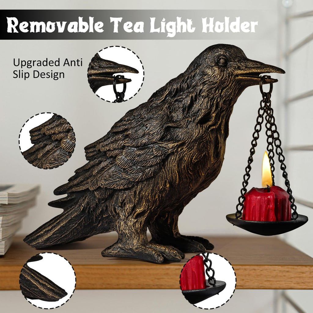 Gothic Crow Lamp with Tealight Candle Holder Resin Raven Decor Statue Gothic Home Decor for Bedroom Unique Goth Gifts Black
