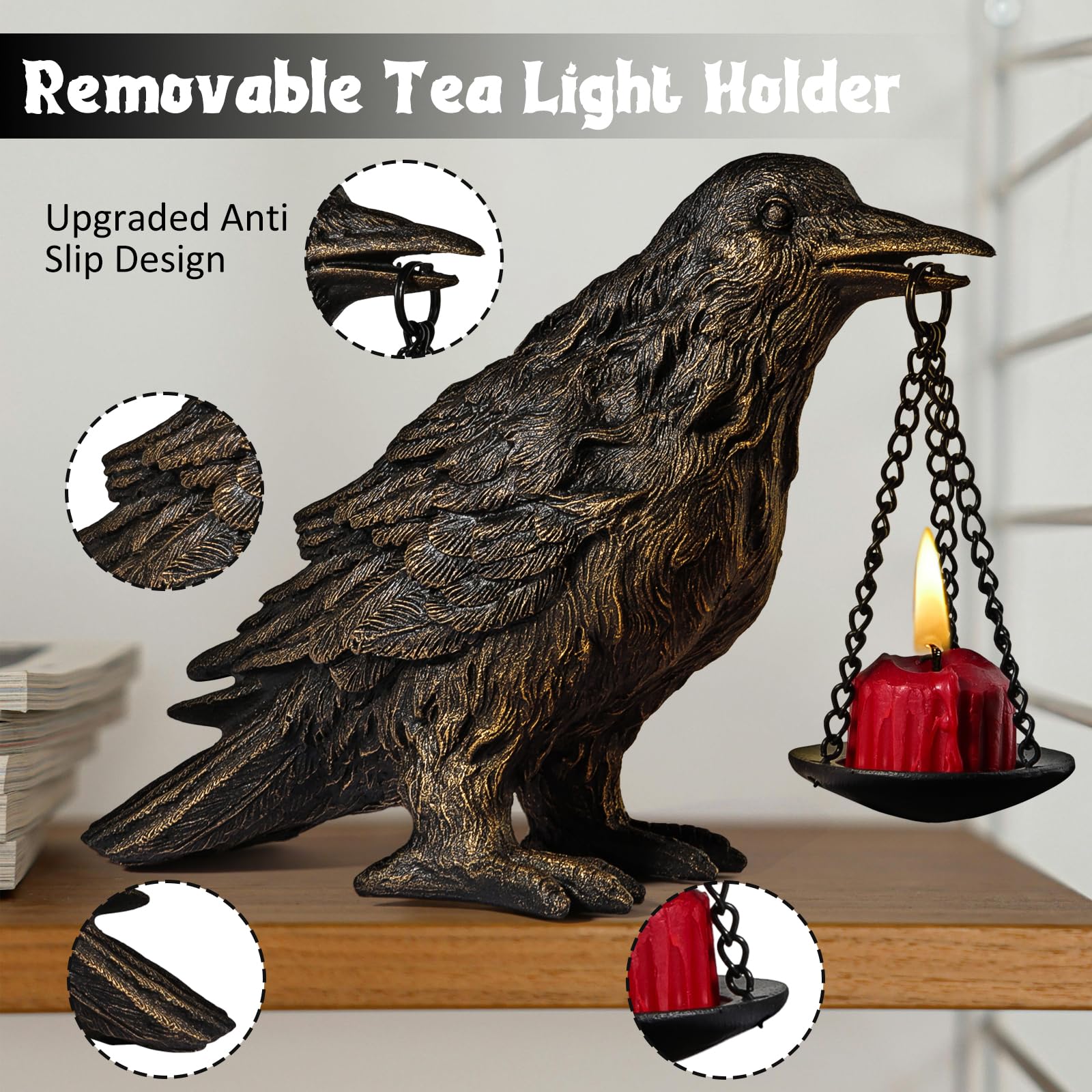 Gothic Crow Lamp with Tealight Candle Holder Resin Raven Decor Statue Gothic Home Decor for Bedroom Unique Goth Gifts Black