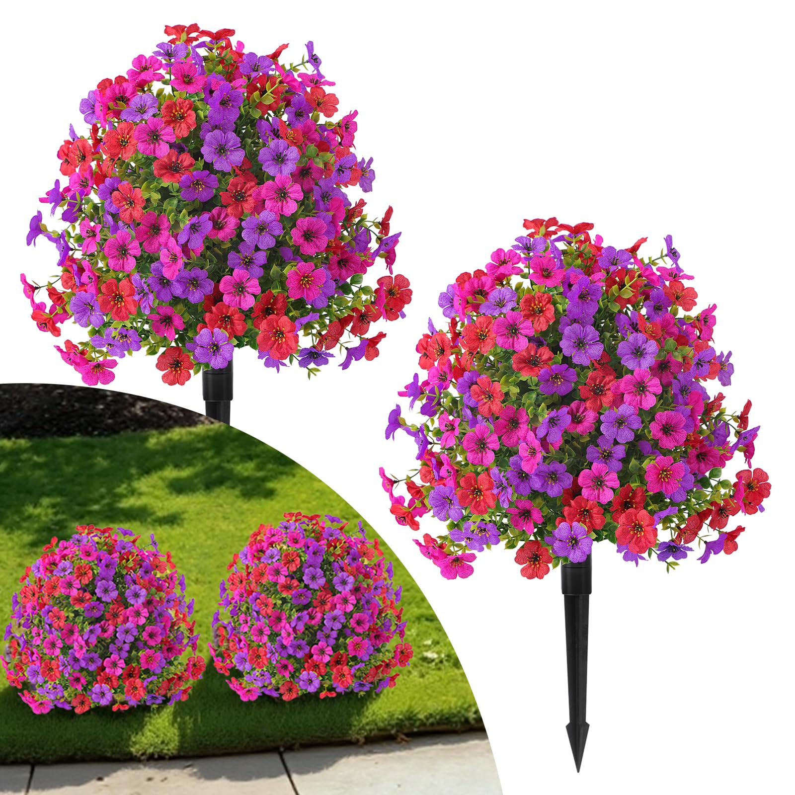 Alupssuc 2Pcs 20" Artificial Topiary Ball Flowers For Outdoors Planters, Spring Decoration with Spike, UV Resistant Faux Summer Plants, Fake Bushes Indoor Decor, Mix 4 Colors for Garden, Porch & Patio