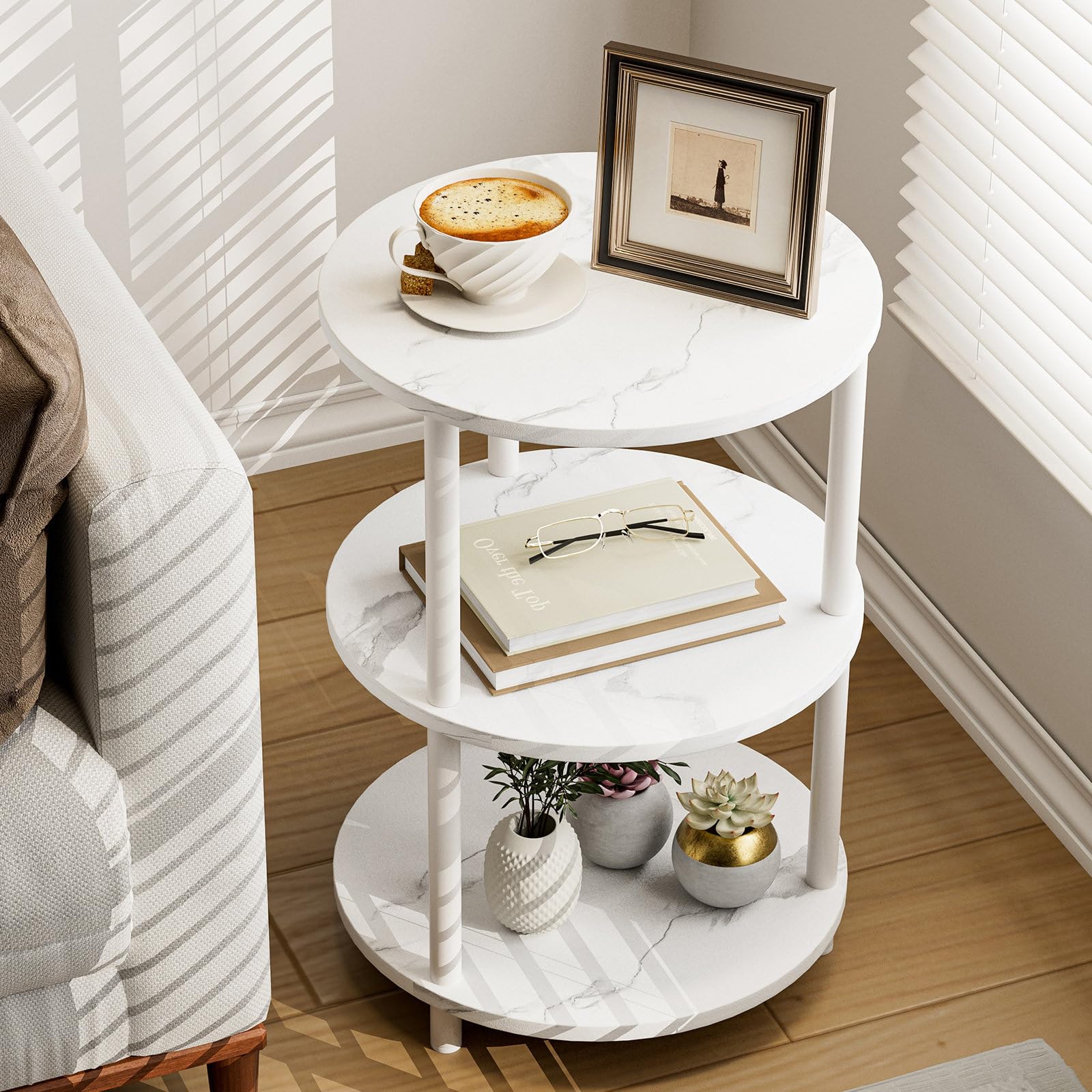 Small Round Coffee Table - 3 Tier Design Accent Table, Narrow Side or Bedside Stand, Industrial Vintage Nightstand for Bedroom, Living Room, or Small Spaces, Rustic Brown