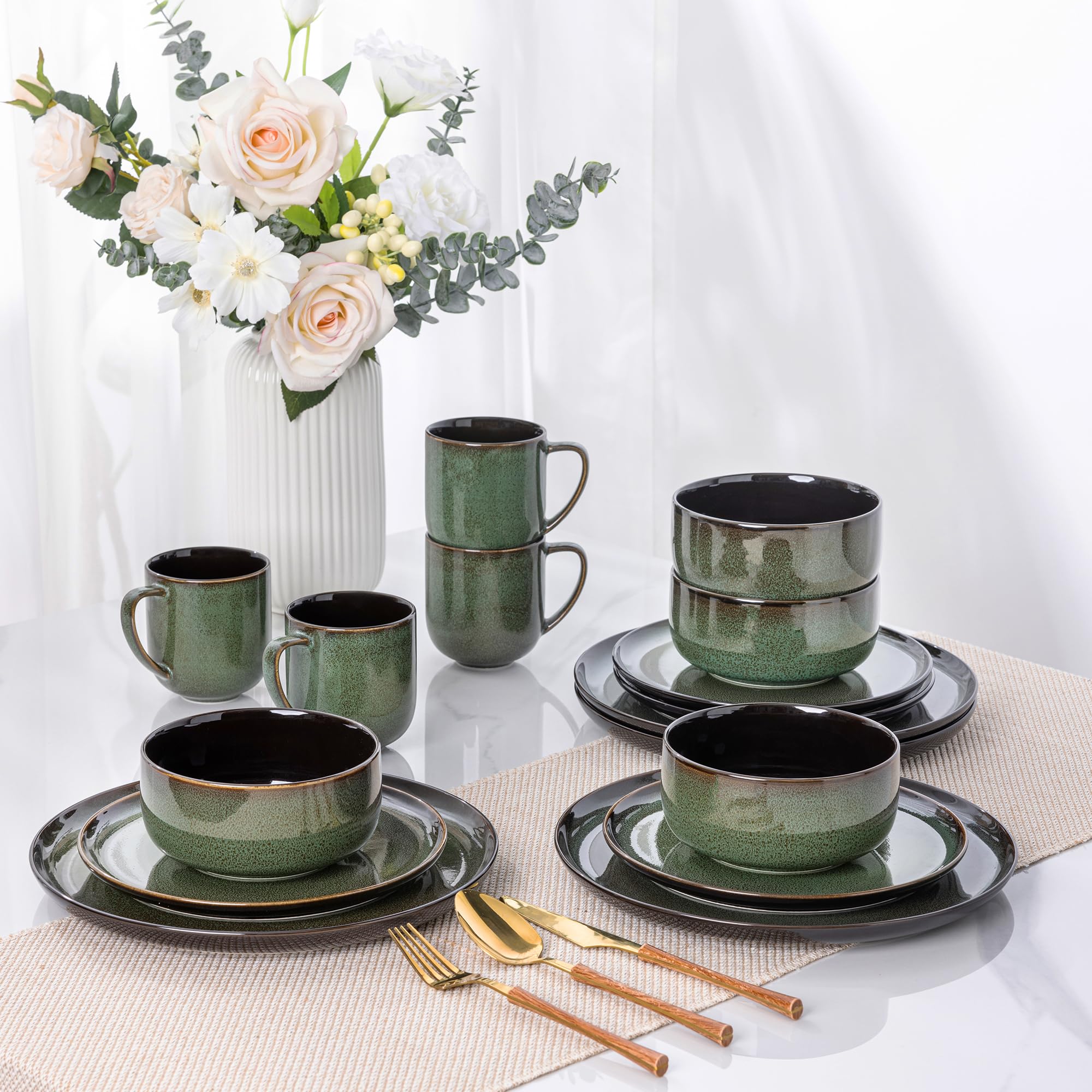 LERATIO Ceramic Dinnerware Sets for 8,Plates and Bowls Sets,Reactive Glaze Dishes Set,Highly Chip and Crack Resistant | Dishwasher & Microwave & Oven Safe Dishes set,Service for 8-Kahki (24pc)