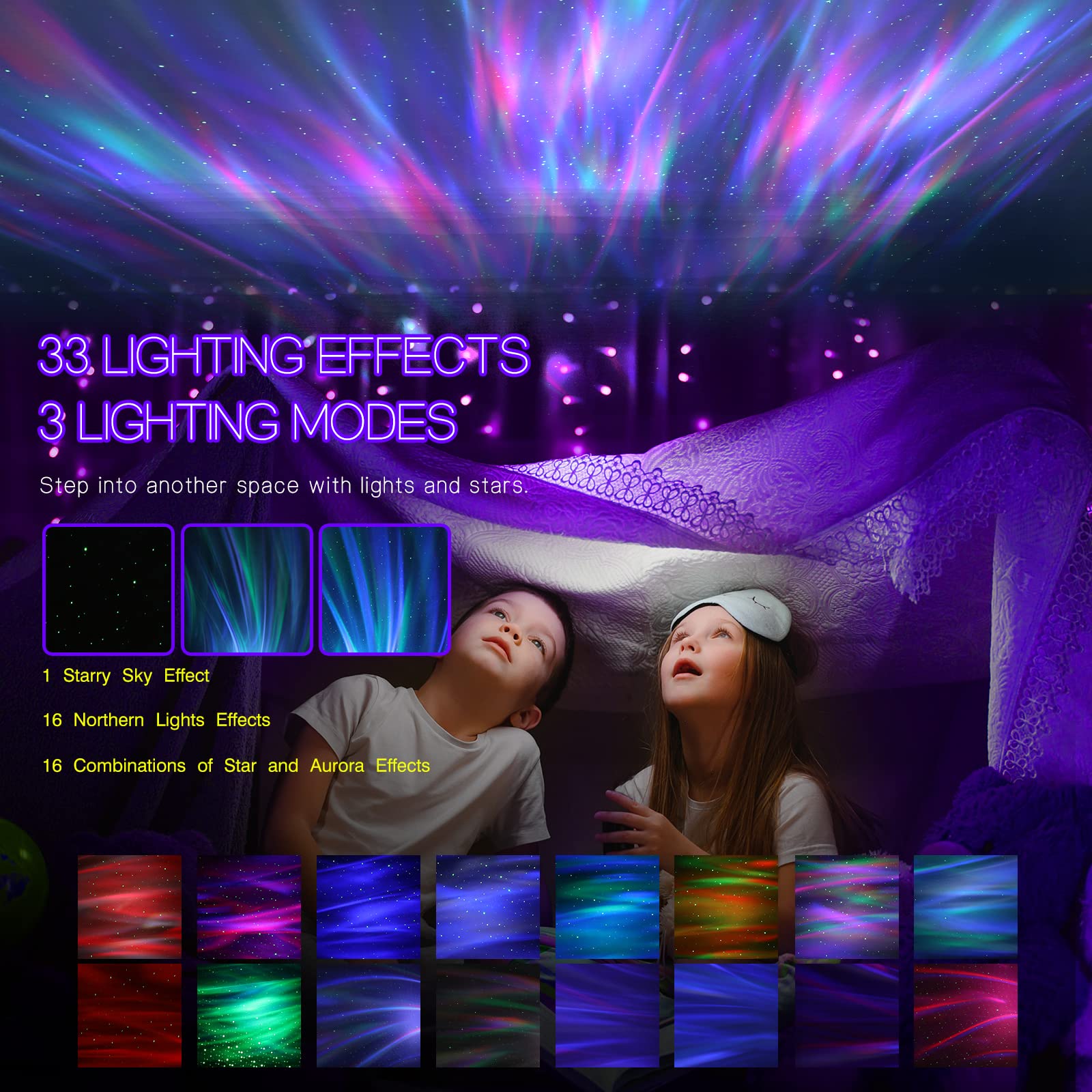Northern Galaxy Aurora Projector – 33 Dynamic Light Effects, LED Star & Nebula Night Light with Remote Control, White Noise Sounds, and Bluetooth Speaker for Bedroom & Parties
