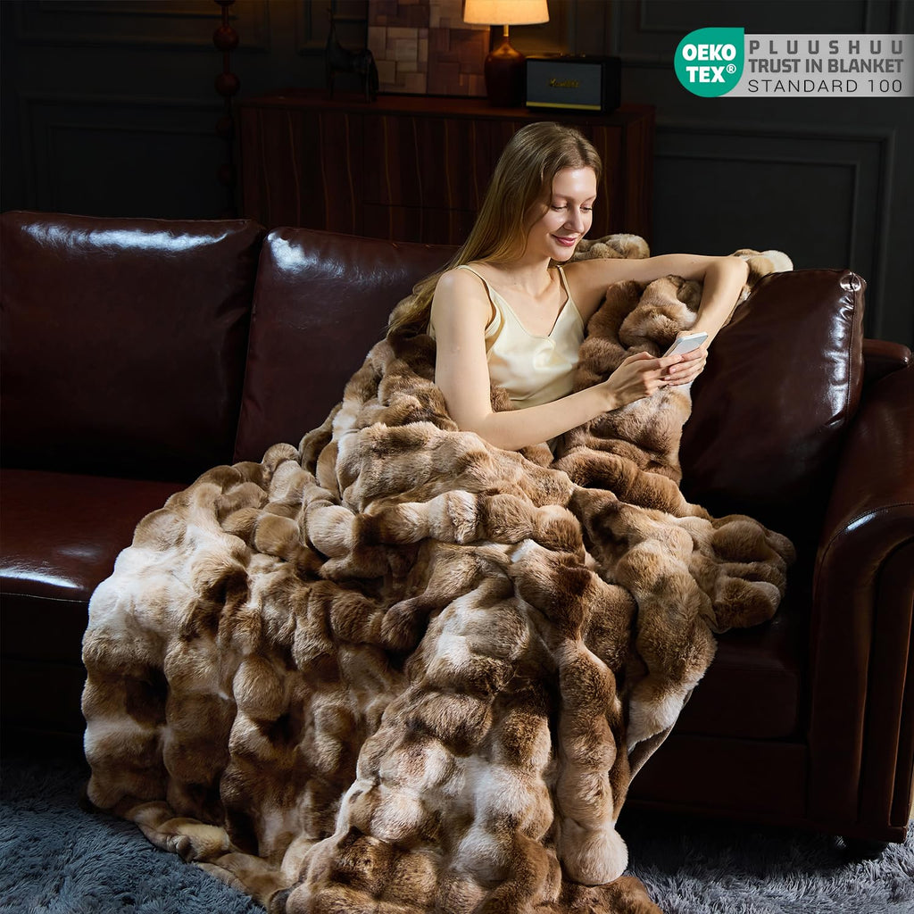 Faux Fur Throw Blanket for Couch, Fluffy Fuzzy Plush Bubble Blanket, Soft Warm Cozy Shaggy Rabbit Blanket, Luxury Decorative Gifts for Sofa Bedroom Living Room, 60x50inch (Cow Print-Brown)