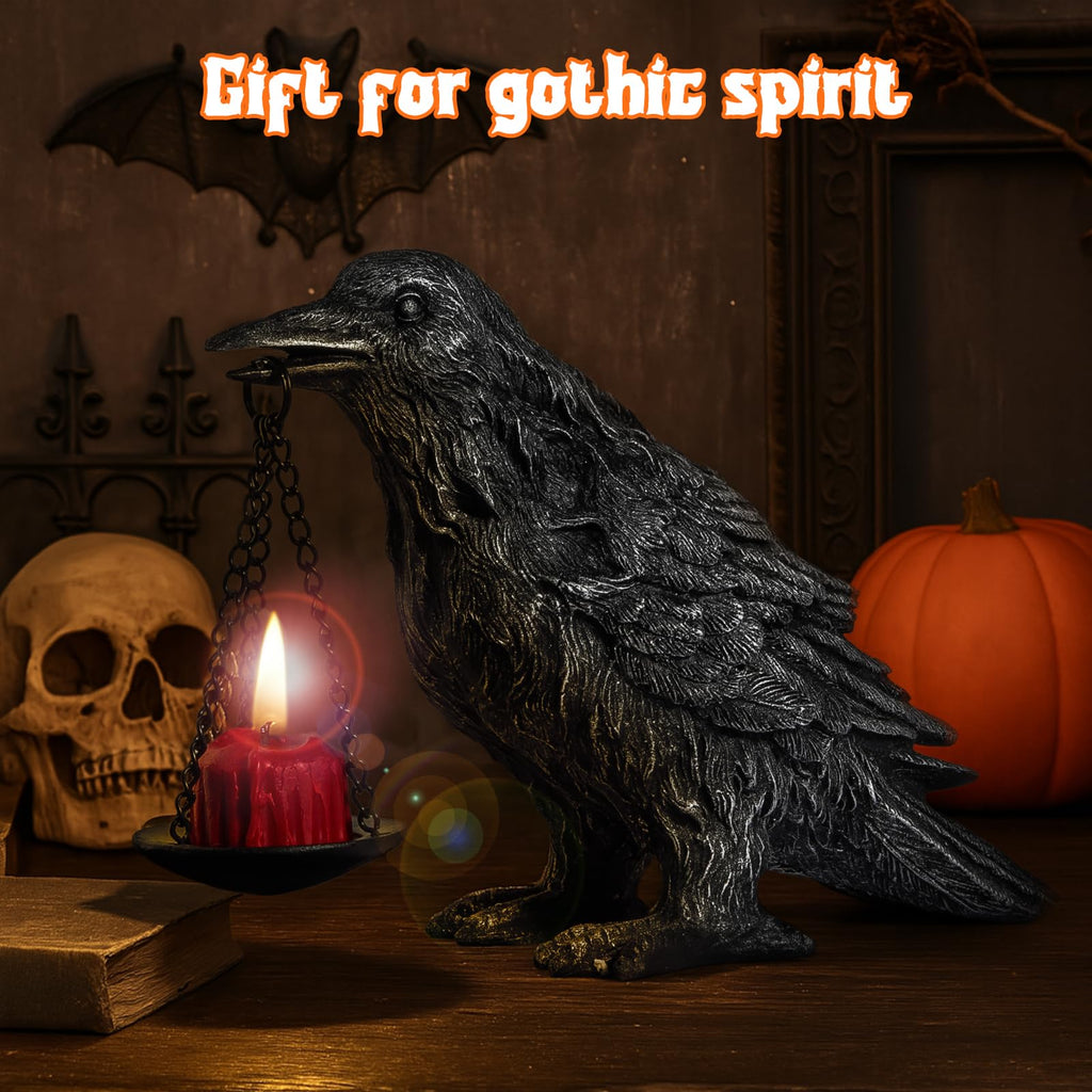 Gothic Crow Lamp with Tealight Candle Holder Resin Raven Decor Statue Gothic Home Decor for Bedroom Unique Goth Gifts Black