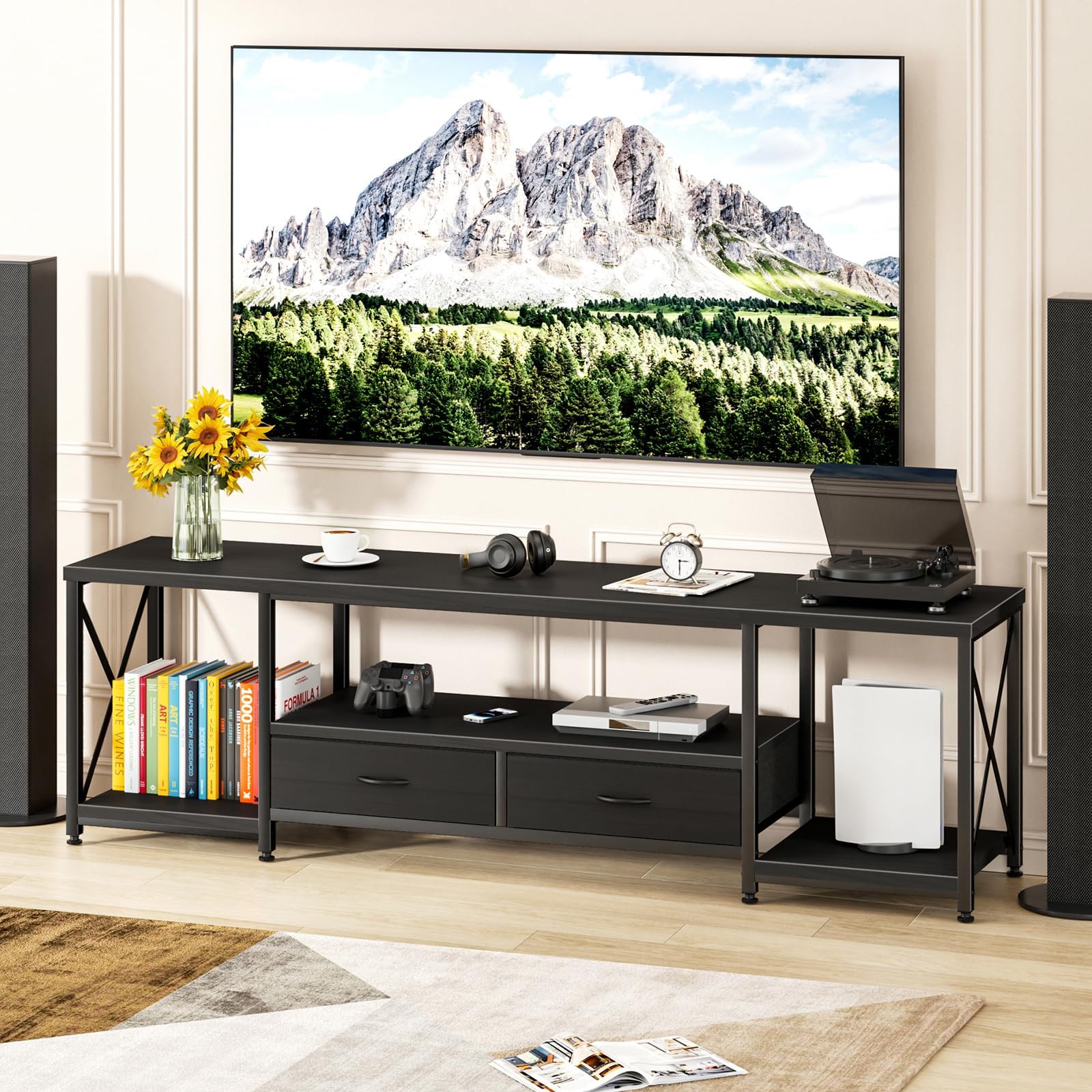 GYIIYUO TV Stand with Fabric Drawer - Entertainment Center and Industrial TV Console Table with Open Storage Shelves for Living Room, Bedroom - 55.1" Rustic Brown