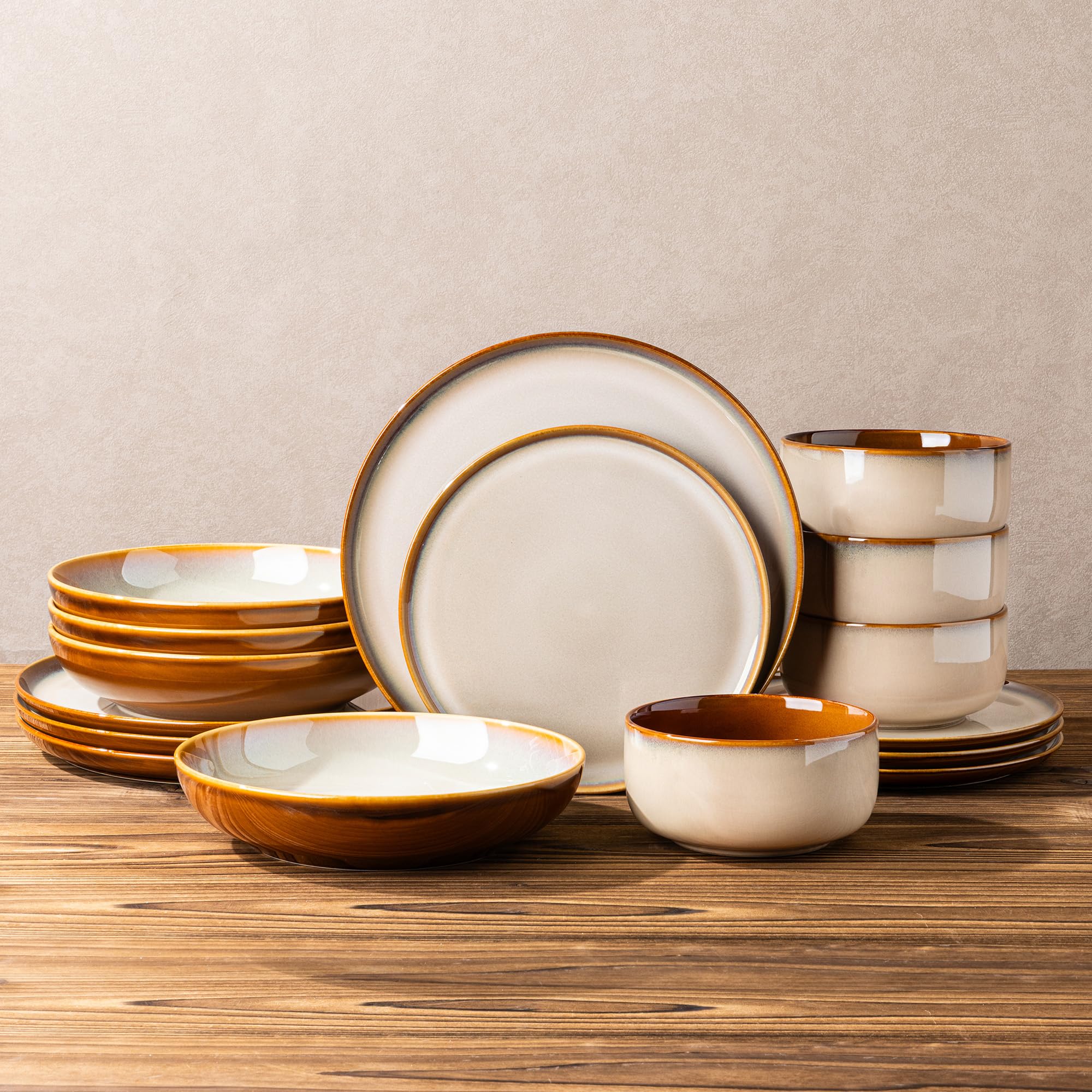 LERATIO Ceramic Dinnerware Sets for 8,Plates and Bowls Sets,Reactive Glaze Dishes Set,Highly Chip and Crack Resistant | Dishwasher & Microwave & Oven Safe Dishes set,Service for 8-Kahki (24pc)