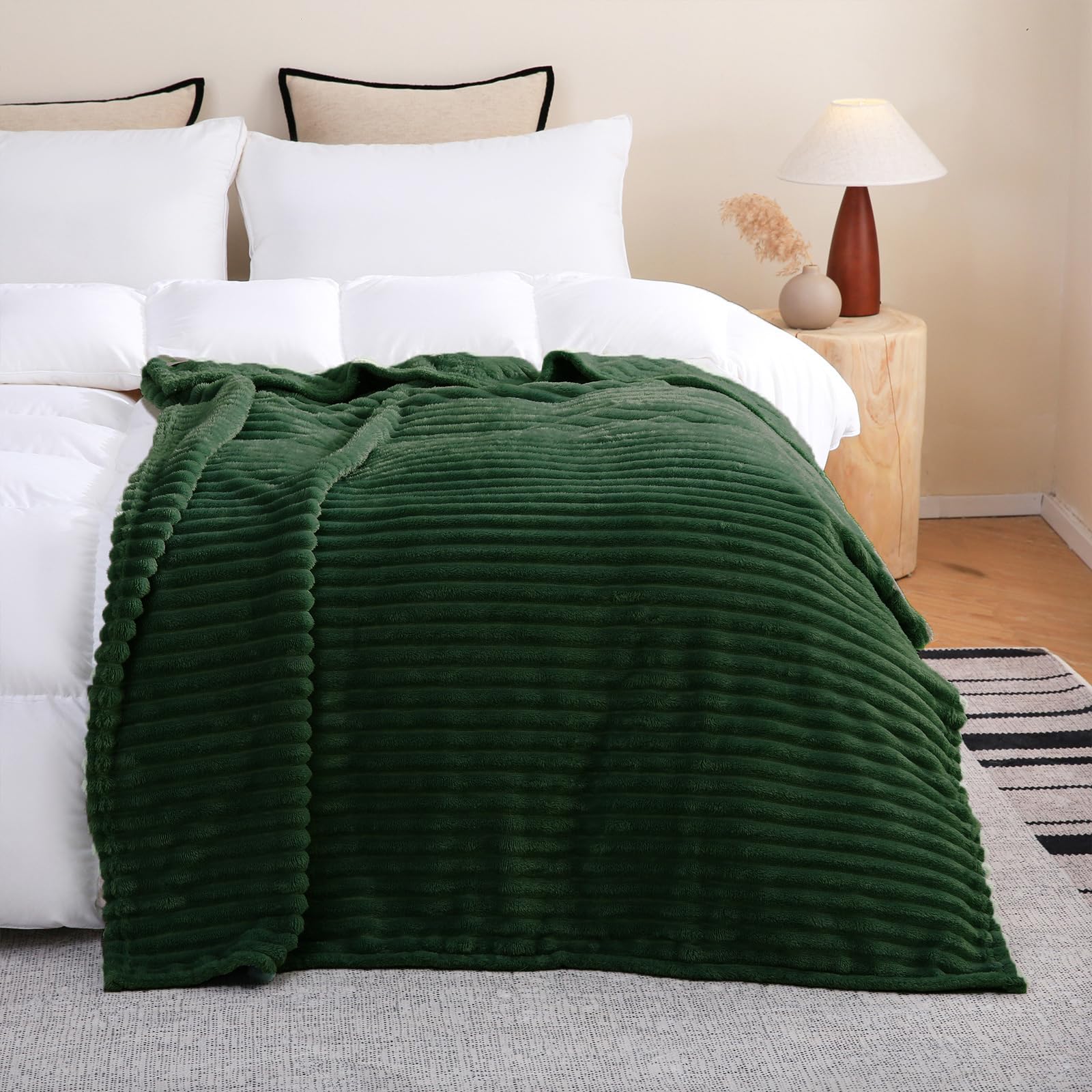 Sage Green Fleece Throw Blanket 50”×60” for Couch Sofa Bed,Super Soft Cozy Plush Microfiber Flannel Blanket with Stripes Design Lightweight for Adults,Woman,Girls