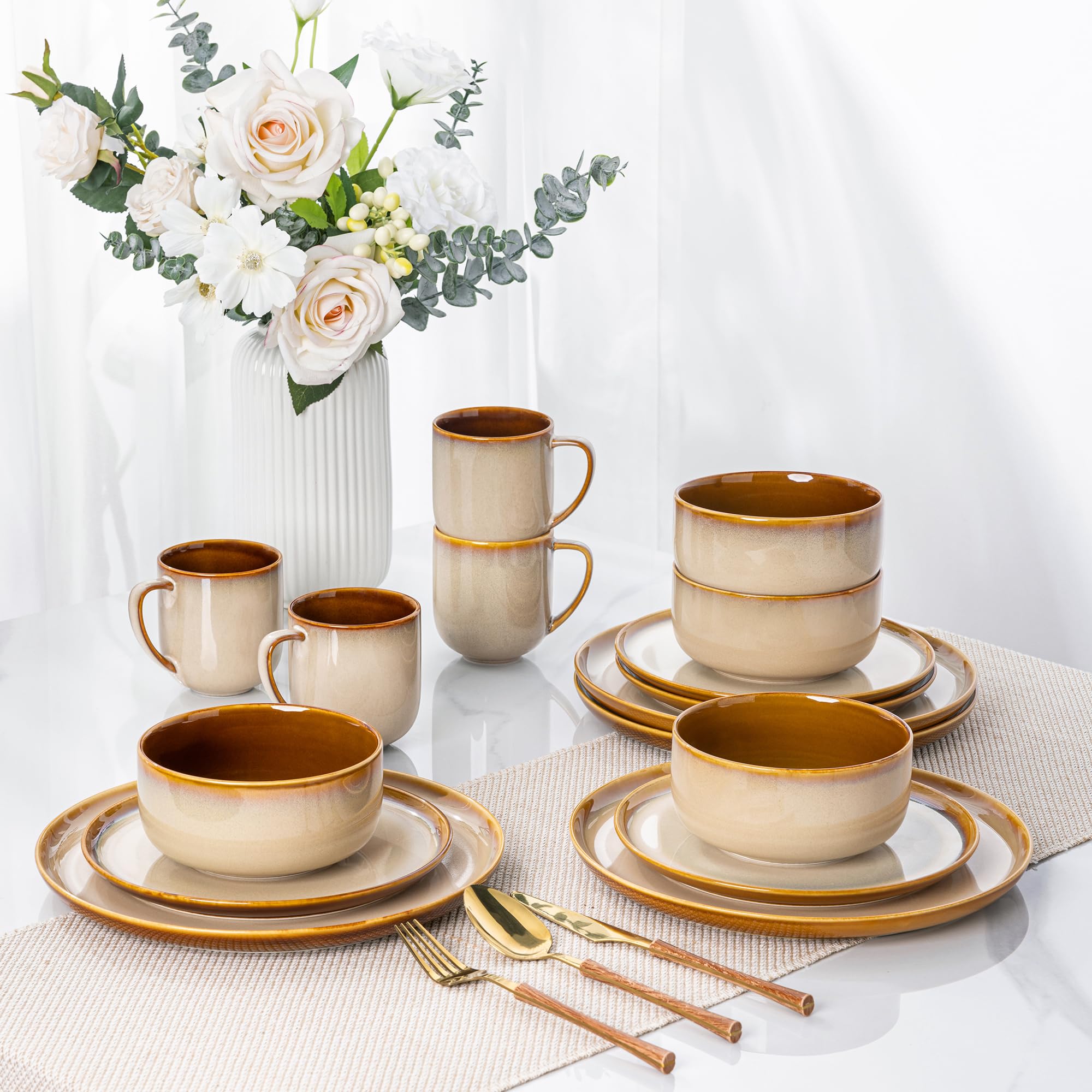 LERATIO Ceramic Dinnerware Sets for 8,Plates and Bowls Sets,Reactive Glaze Dishes Set,Highly Chip and Crack Resistant | Dishwasher & Microwave & Oven Safe Dishes set,Service for 8-Kahki (24pc)