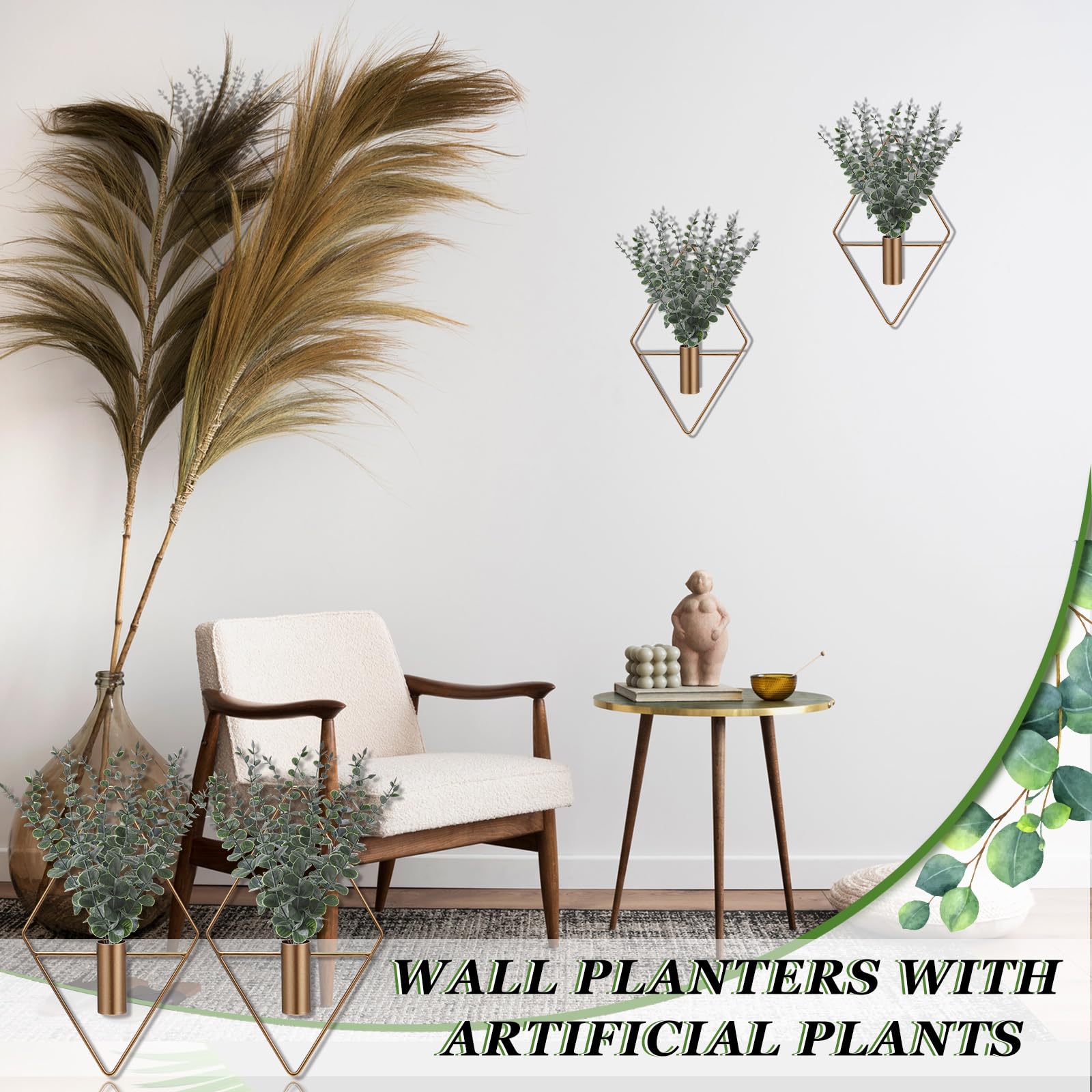 Jexine 4 Pcs Hanging Planters with Artificial Eucalyptus Metal Hanging Vase Indoor Plants Holder Modern Geometric Boho Bathroom Wall Decor for Living Room Home Office(Black)