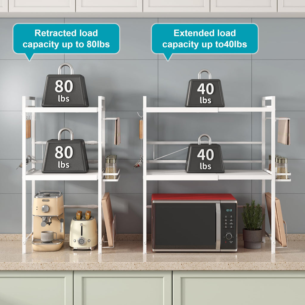 DOLALIKE Microwave Oven Rack, Expandable Microwave Stand Countertop Kitchen Utensils Tableware Storage, Carbon Steel Over Microwave Shelf Countertop with 3 Hooks