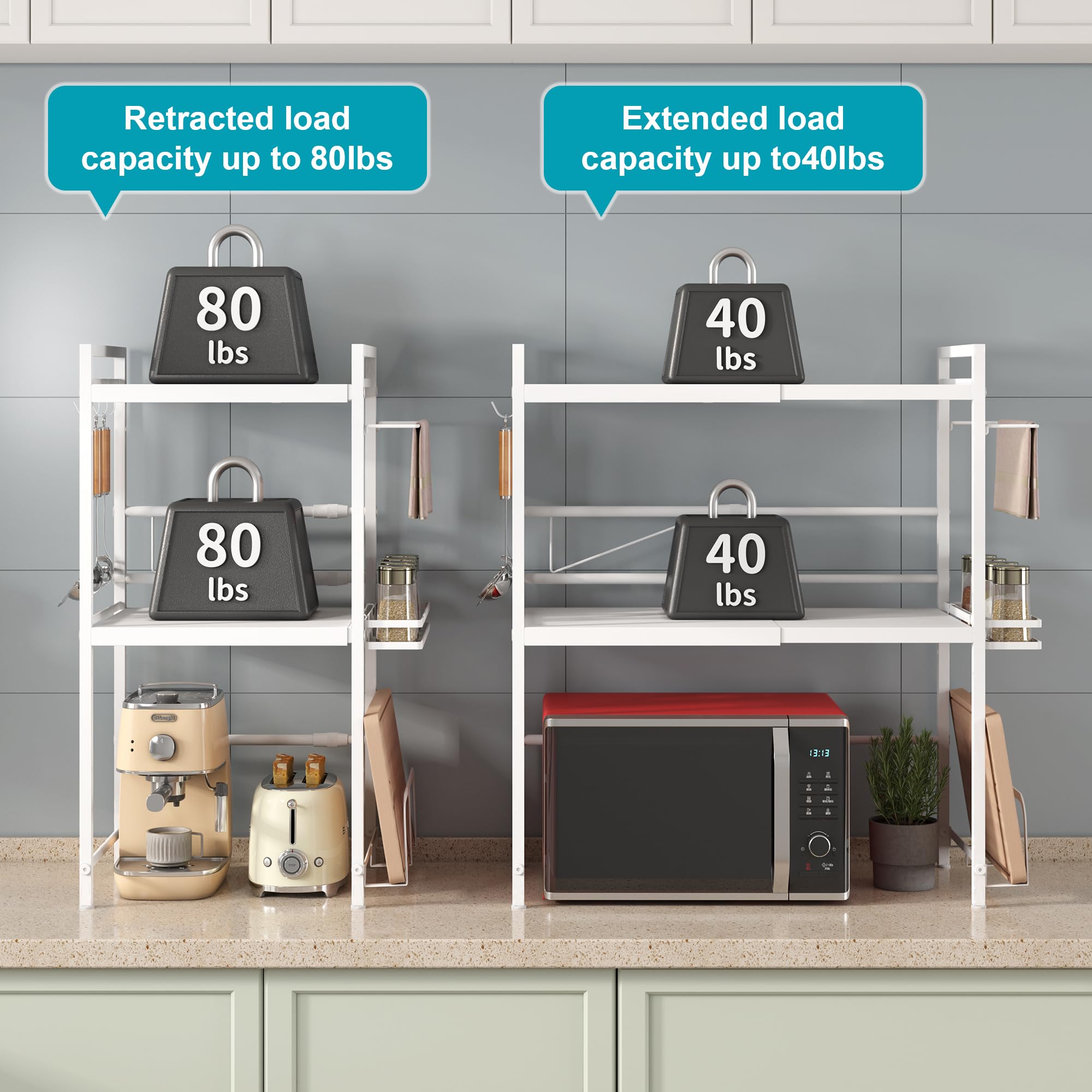 DOLALIKE Microwave Oven Rack, Expandable Microwave Stand Countertop Kitchen Utensils Tableware Storage, Carbon Steel Over Microwave Shelf Countertop with 3 Hooks