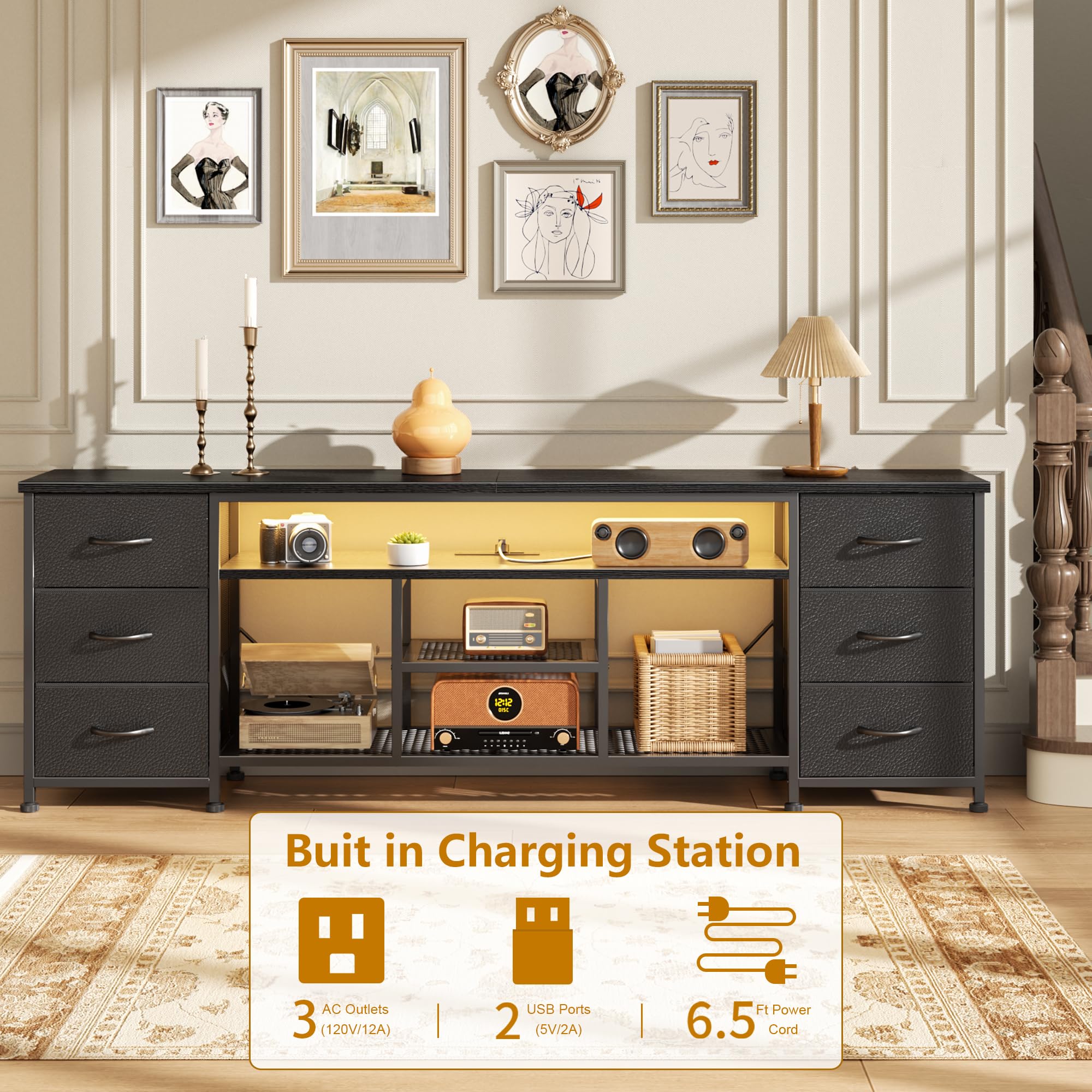 Furologee LED TV Stand for 65, 70 Inch TV, 63 Inch Entertainment Center with Power Outlets, 6 Fabric Drawers Dresser for Bedroom, Media Console with Open Shelves, Rustic Brown