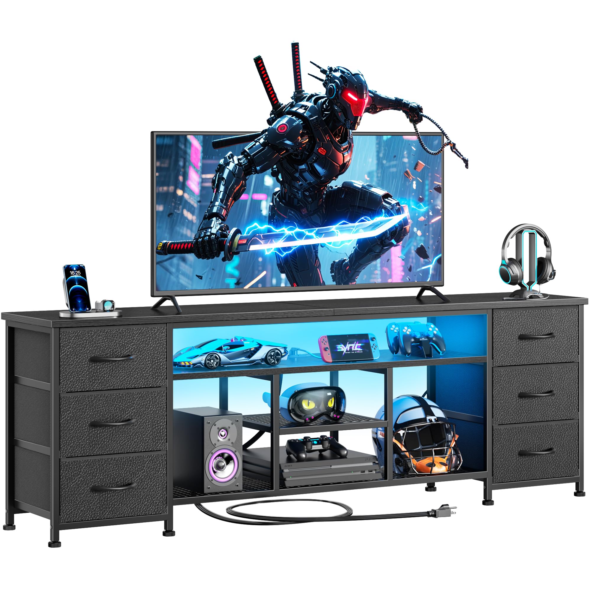 Furologee LED TV Stand for 65, 70 Inch TV, 63 Inch Entertainment Center with Power Outlets, 6 Fabric Drawers Dresser for Bedroom, Media Console with Open Shelves, Rustic Brown