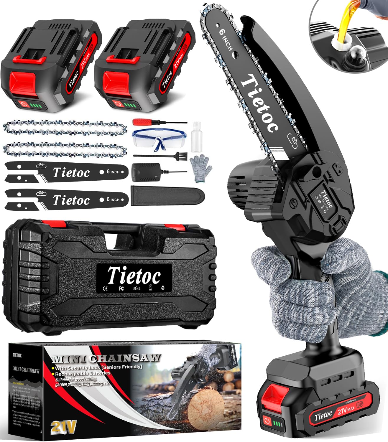 Tietoc Chainsaw 6 Inch Mini Electric Chainsaw Cordless Battery Powered, Hand Held Saw for Wood/Trees Trimming, Tools for Household and Garden, Chain Saw Gift for Men Dad Husband Fathers Gardener 2025