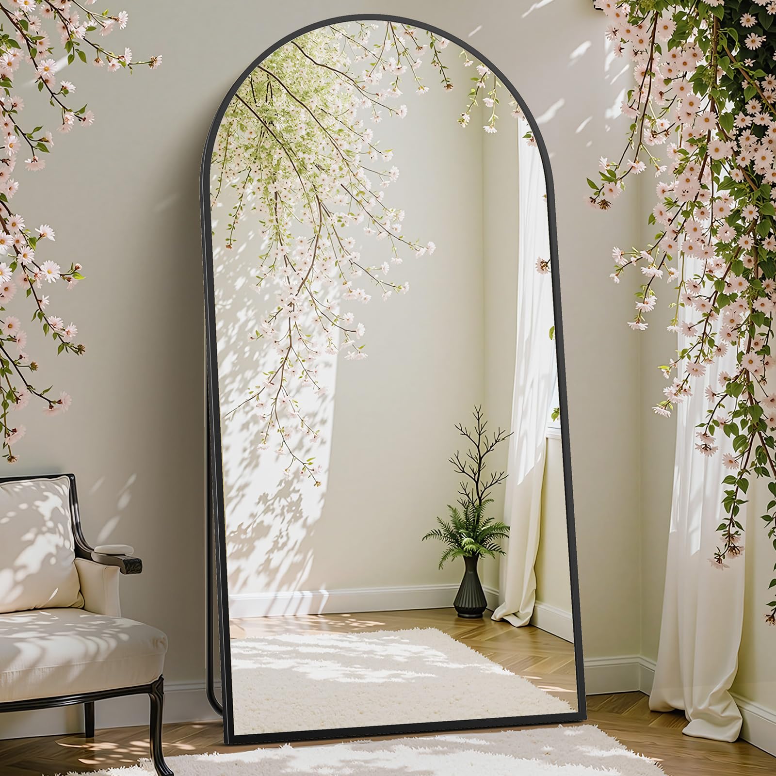 DUMOS Arched Full Length Mirror with Stand 64"x21" Floor Standing Aluminum Frame for Bedroom Body Hanging Leaning Modern Simple Home Decor Shatter-proorf Nano Glass Wall Living Room Cloakroom Black