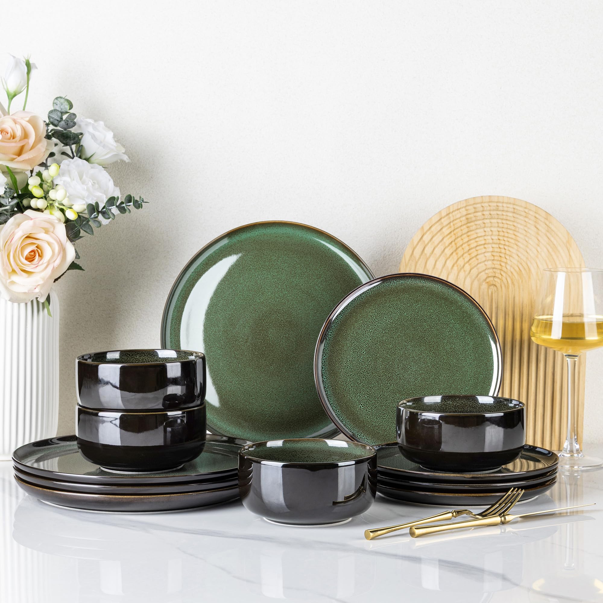 LERATIO Ceramic Dinnerware Sets for 8,Plates and Bowls Sets,Reactive Glaze Dishes Set,Highly Chip and Crack Resistant | Dishwasher & Microwave & Oven Safe Dishes set,Service for 8-Kahki (24pc)