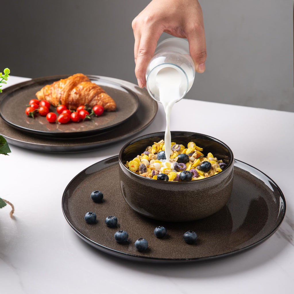 LERATIO Ceramic Dinnerware Sets for 8,Plates and Bowls Sets,Reactive Glaze Dishes Set,Highly Chip and Crack Resistant | Dishwasher & Microwave & Oven Safe Dishes set,Service for 8-Kahki (24pc)