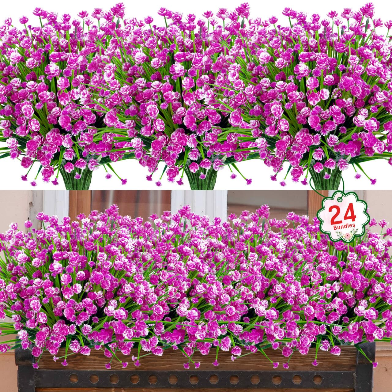 Ouddy Decor 24 Bundles Artificial Flowers for Outdoors UV Resistant Fake Plastic Plants Faux Boston Fern Greenery Stems for Spring Summer Indoor Garden Patio Window Box Kitchen Home Decor, Mixedcolor